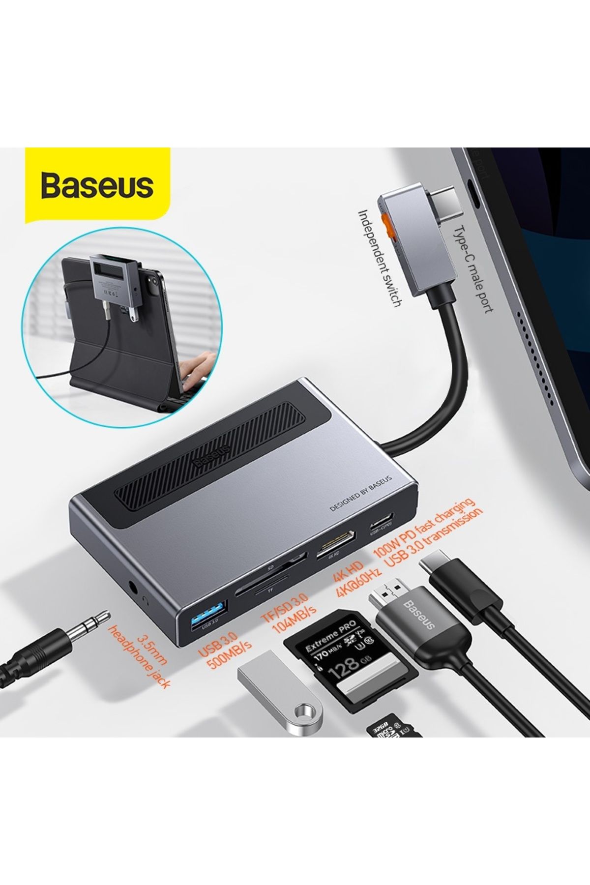 Baseus-Stație de andocare Hub Baseus Multifuncțională USB-A USB-C HDMI SD MicroSD Mufă 3.5mm PC 100W USB Tip-C 6