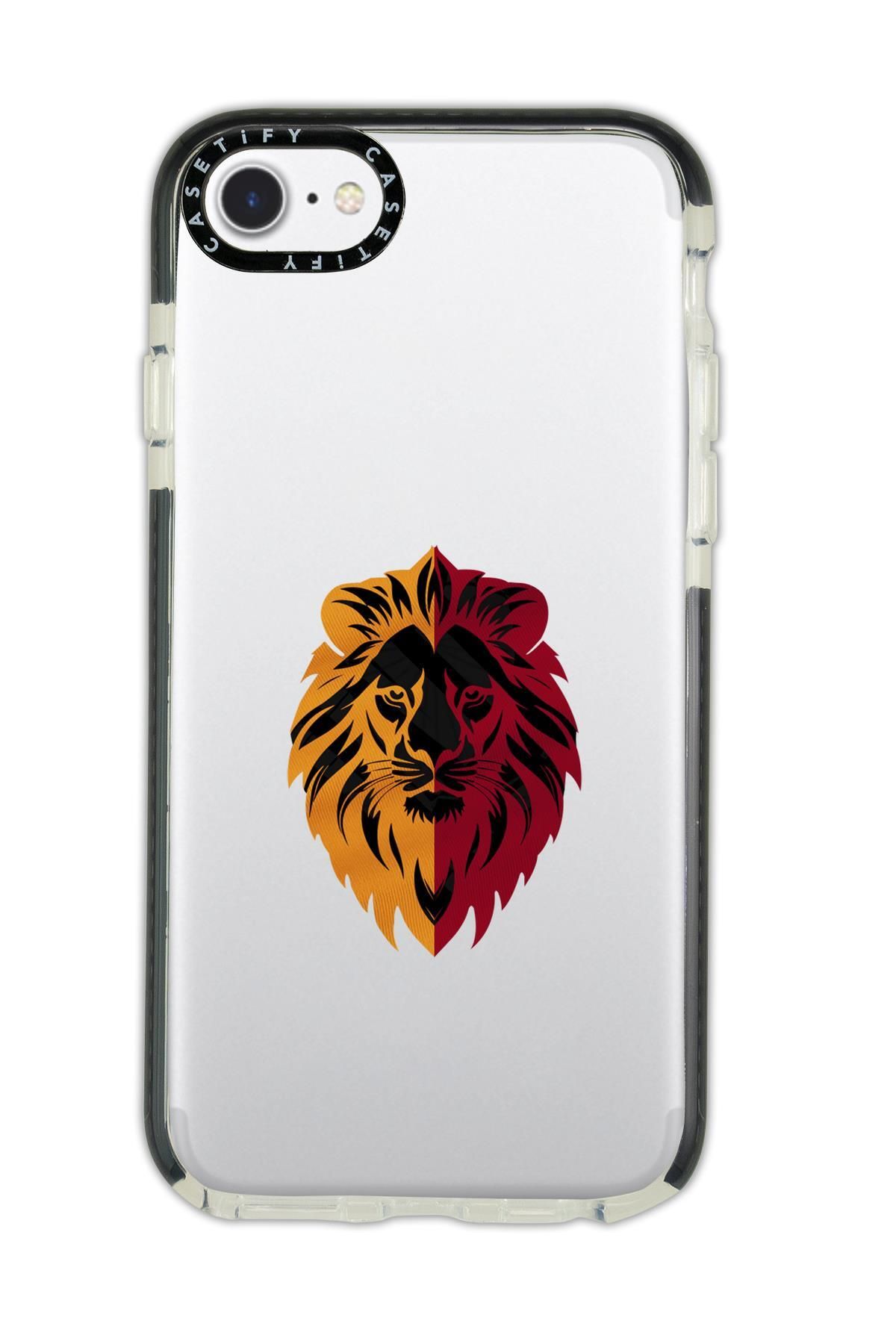 mooodcase iPhone Se 2020 Uyumlu Casetify Sarı Kırmızı Aslan Desenli Anti Shock Premium Silikonlu Siyah Kenar D