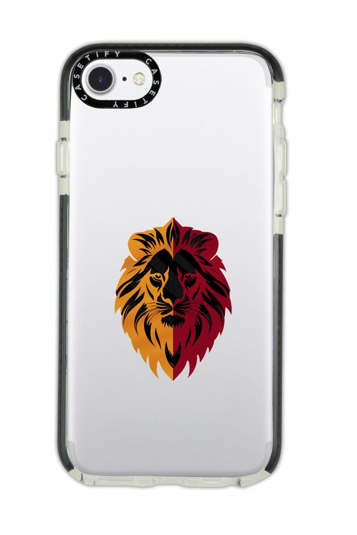 mooodcase iPhone 7 Uyumlu Casetify Sarı Kırmızı Aslan Desenli Anti Shock Premium Silikonlu Siyah Kenar Detaylı