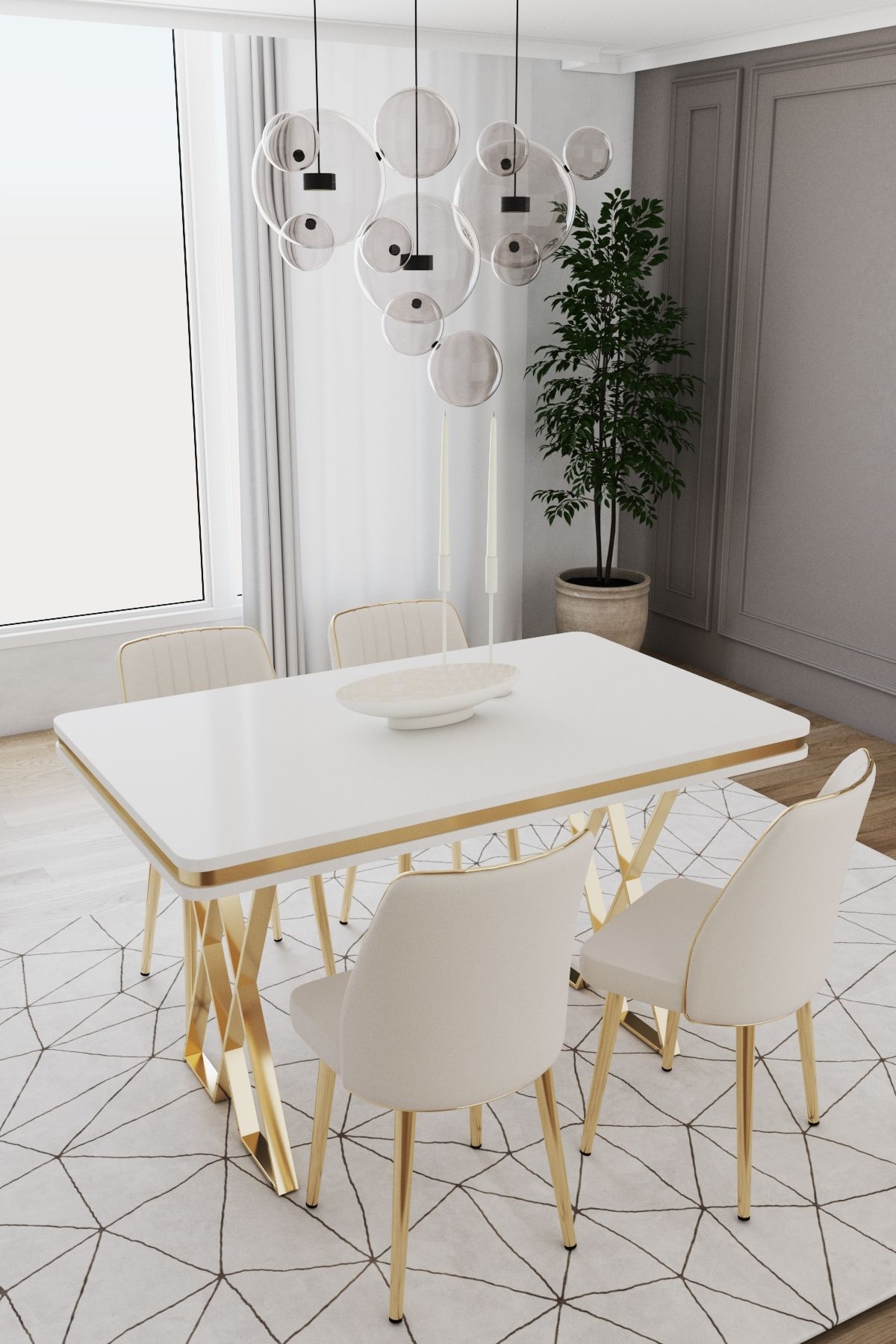 DEREN HOME Val Serisi 80x130 MDF Masa 4 Adet Metal Ayaklı Silinebilir Kumaş Masa Takımı Krem Sandalye