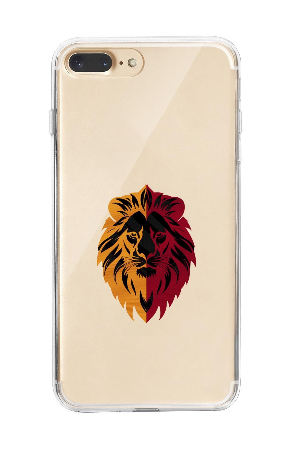 mooodcase iPhone 8 Plus Uyumlu Sarı Kırmızı Aslan Desenli Premium Şeffaf Silikon Kılıf