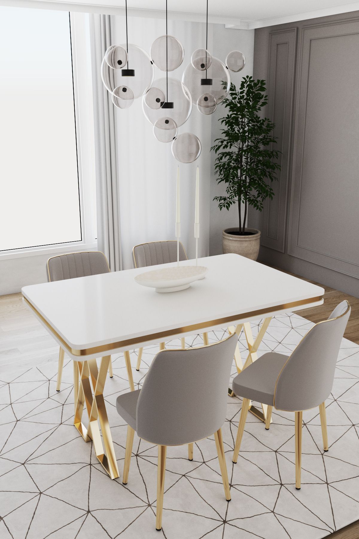 DEREN HOME Val Serisi 80x130 MDF Masa 4 Adet Metal Ayaklı Silinebilir Kumaş Masa Takımı Gri Sandalye