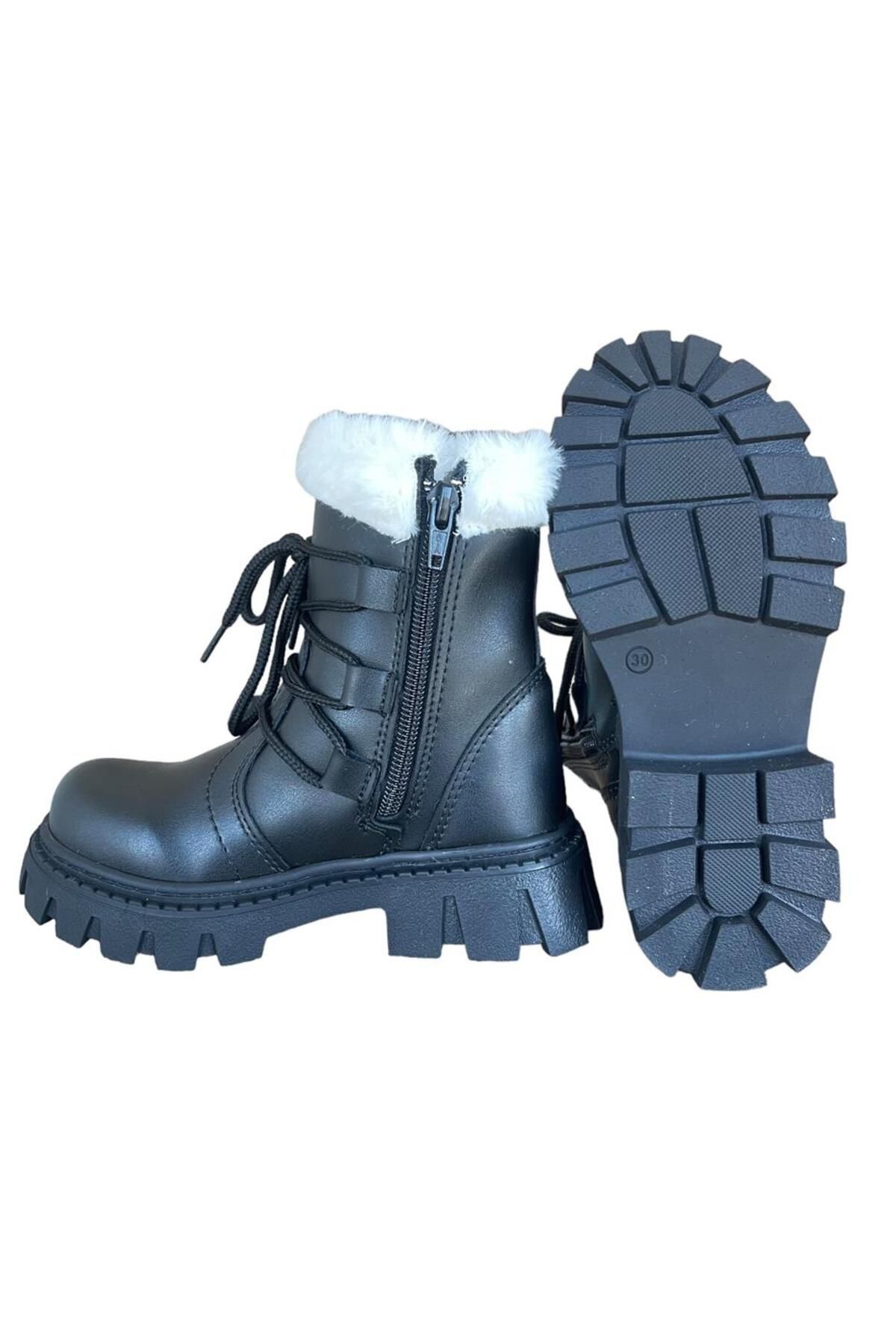 Liger-Cizme pentru fetiță cu blană cu fermoar și accesorii cu șireturi NEGRU - ALB 3