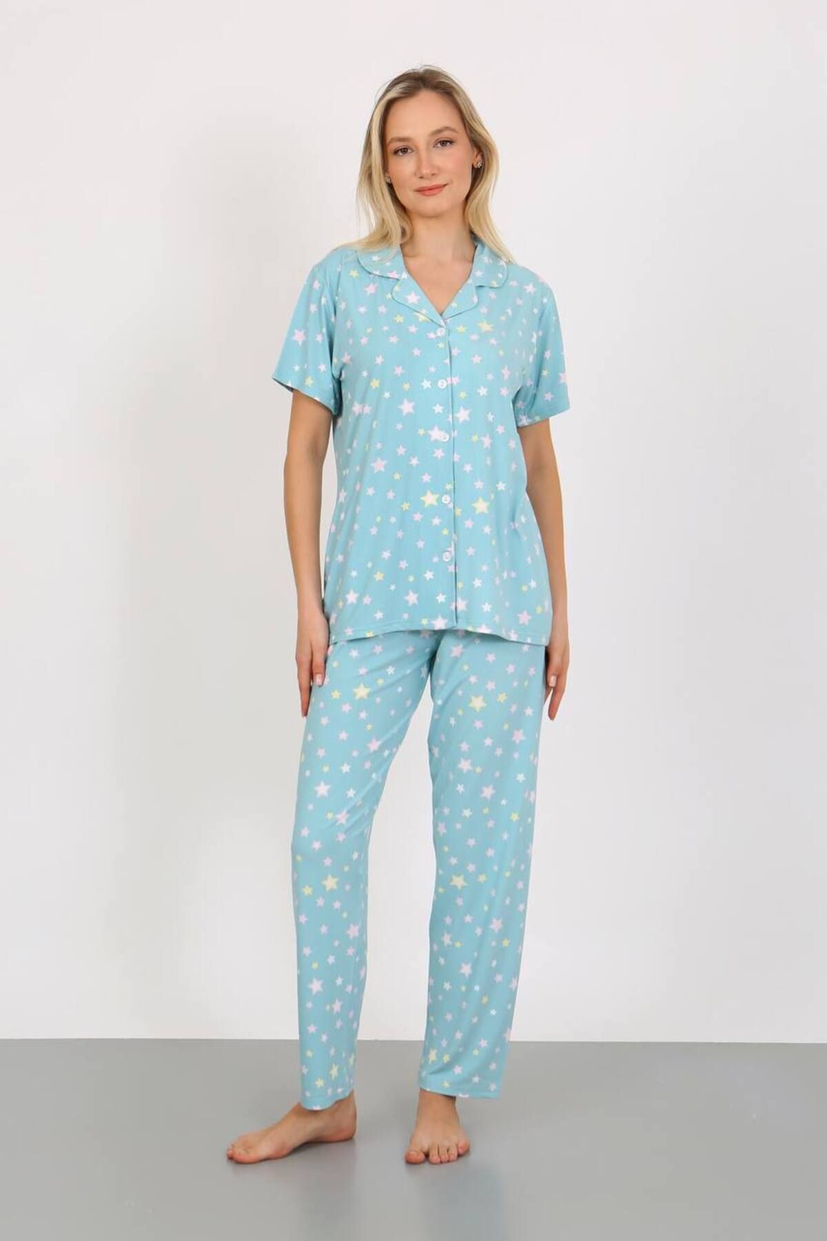 dealp Kadın Yazlık Pamuklu Kısa Kol Önden Düğmeli Pijama Takımı