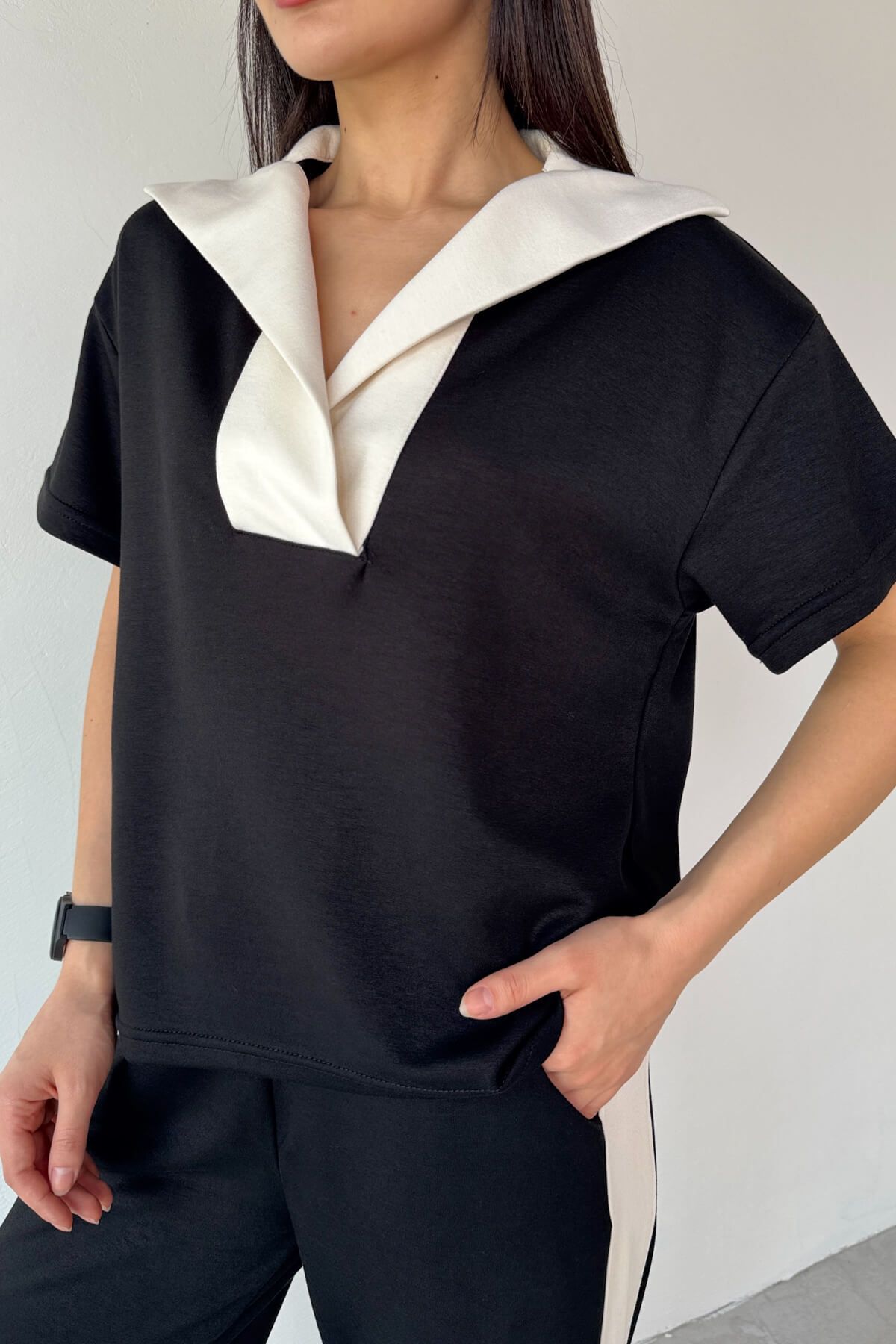 studio fashion 1988 Kadın Siyah Premium Modal Kumaş Açık Patlı Yaka Bluz Garnili İkili Takım