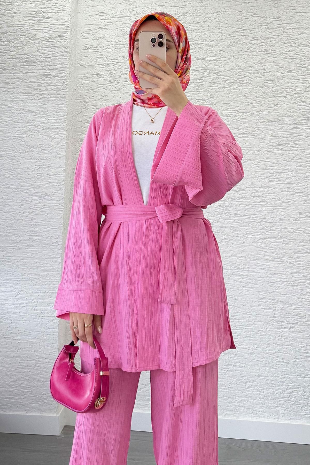 MELEK ARAZ İkili Kimono Pantolon Takım-Pembe