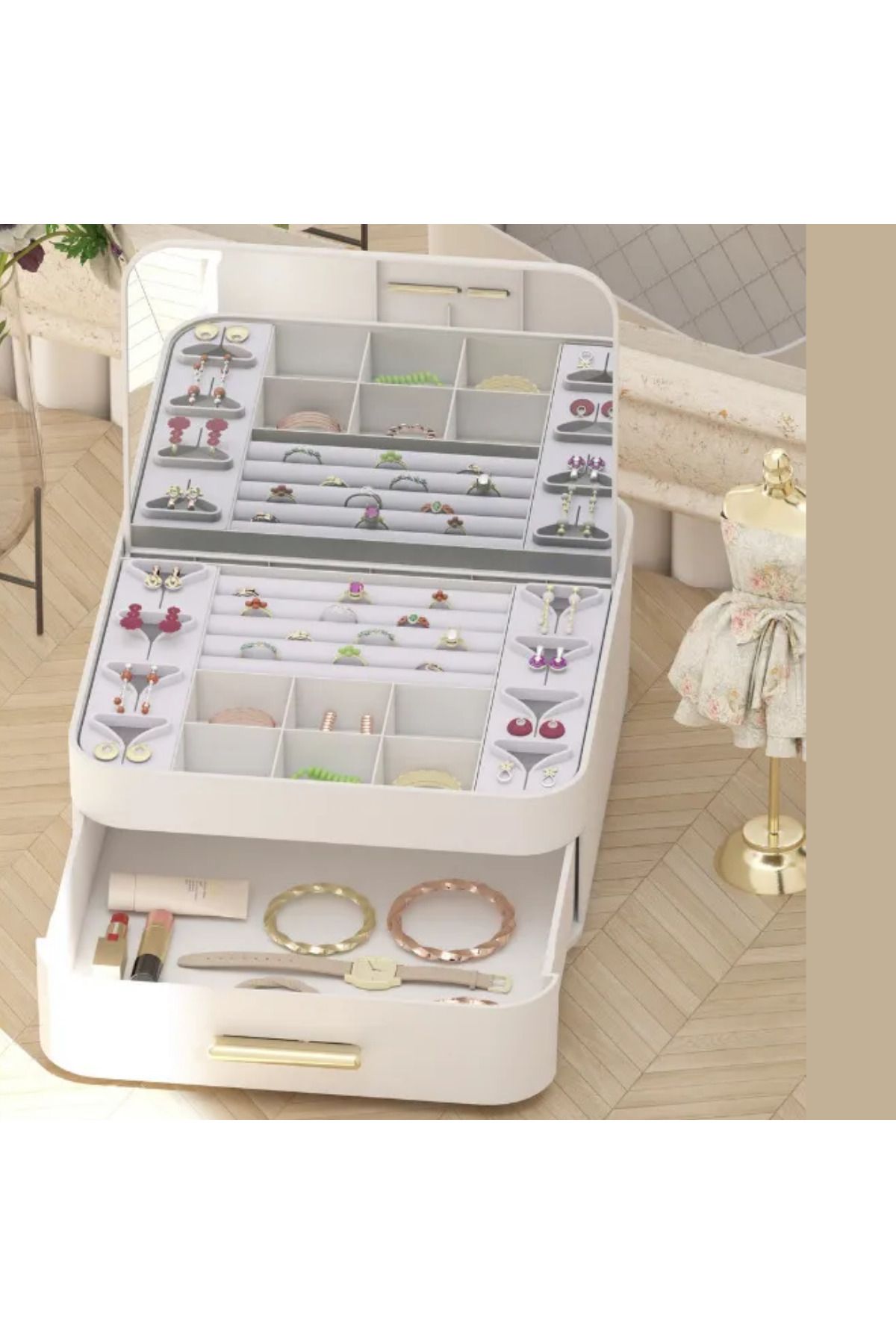 mucit home Çekmeceli Aynalı Çok Bölmeli Makyaj Takı Organizer Krem