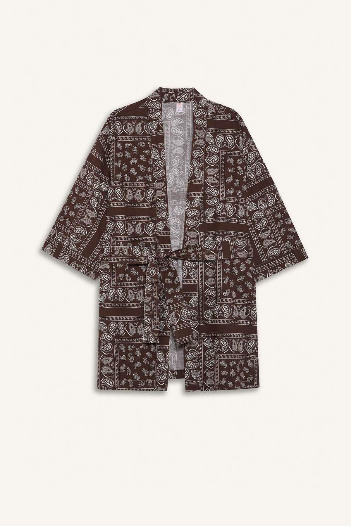 DeFacto Regular Fit Desenli Kuşaklı Pamuklu Kimono-Fall in Love D0453AX25SP