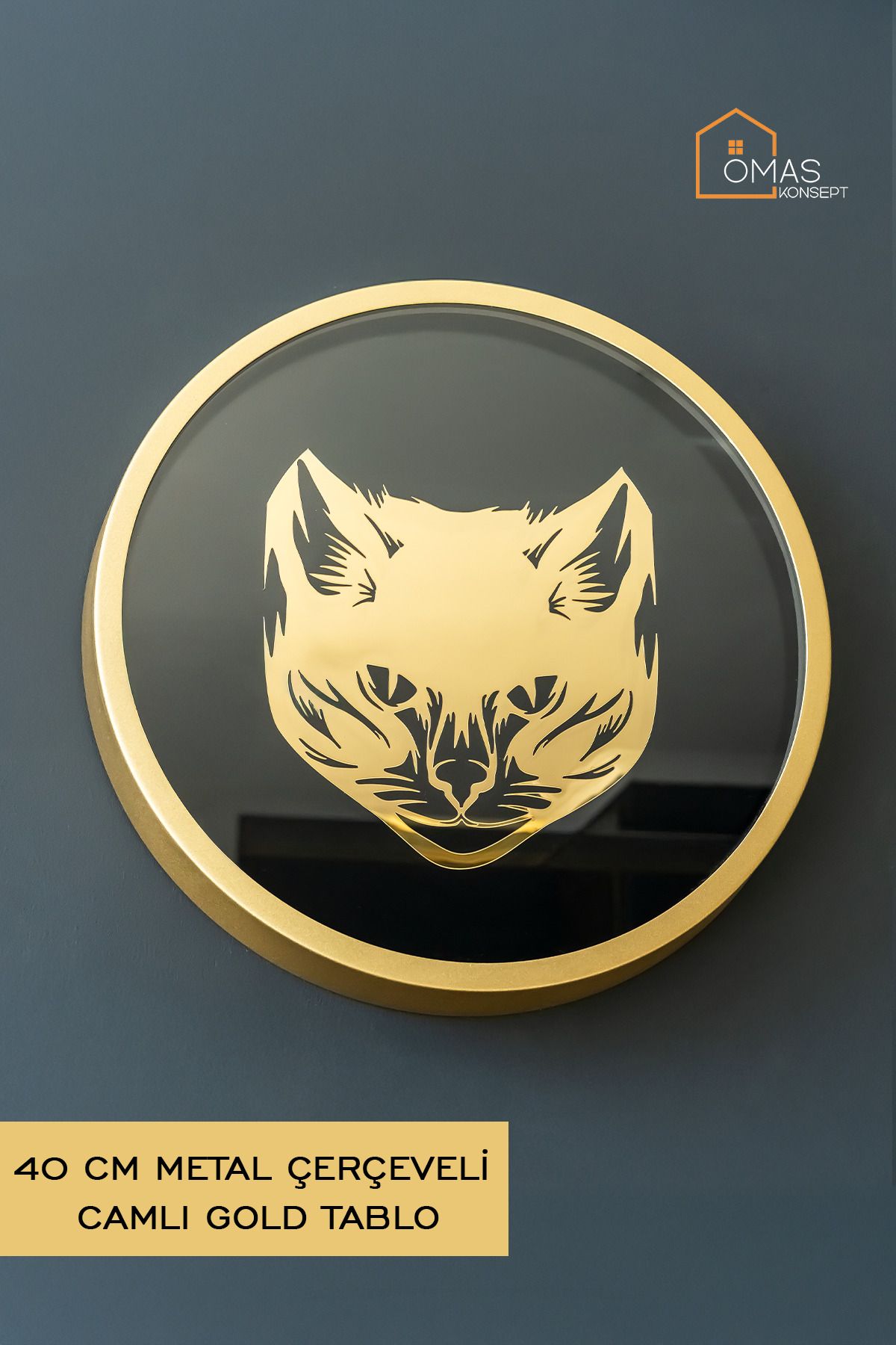 ÖMAS Konsept 40 Cm Gold Renk Metal Çerçeveli Camlı Gold Kedi Tablosu