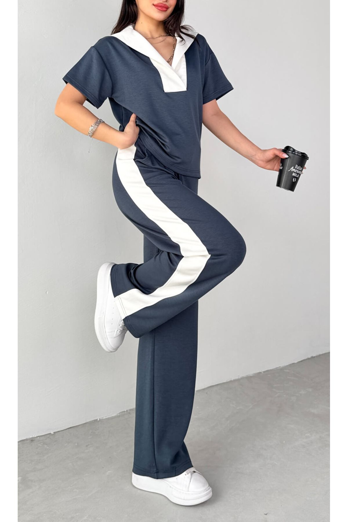 studio fashion 1988 Kadın Siyah Premium Modal Kumaş Açık Patlı Yaka Bluz Garnili İkili Takım