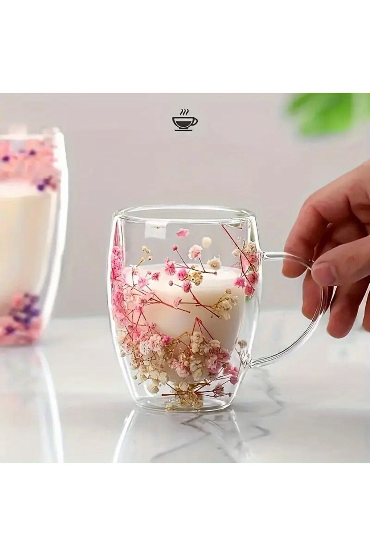isometric Özel Üretim Kurutulmuş Çiçekli Şık Dayanıklı Cam Kupa Bardak Hediyelik Kulplu Fincan 350ml