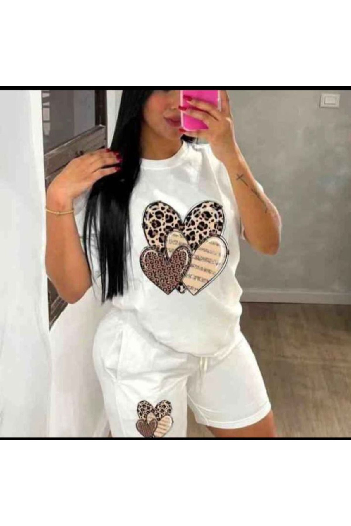 aynewmoda Kaplan derisi kalp desenli kısa kollu tişört ve şort