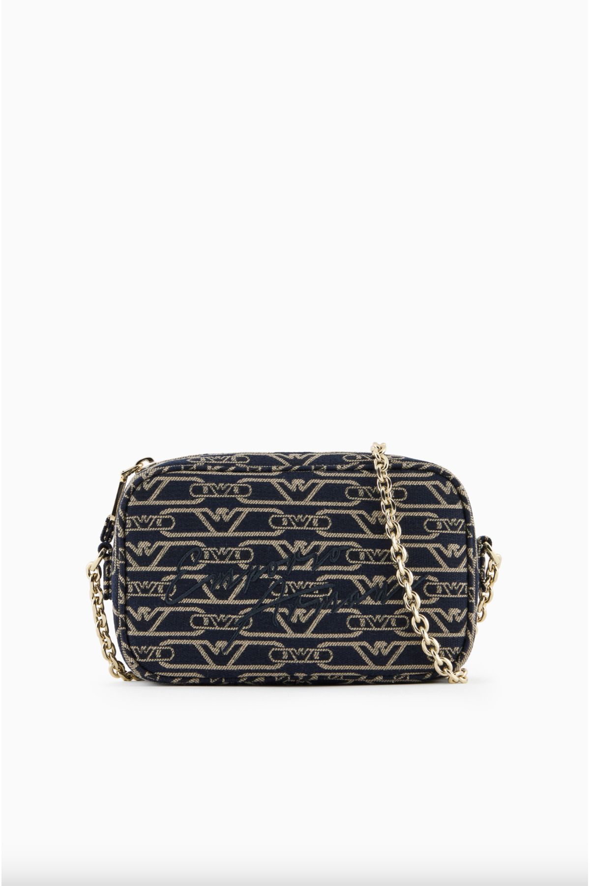 Emporio Armani Jacquard Canvas Camera Case with all-over Monogram and Chain Shoulder Strap