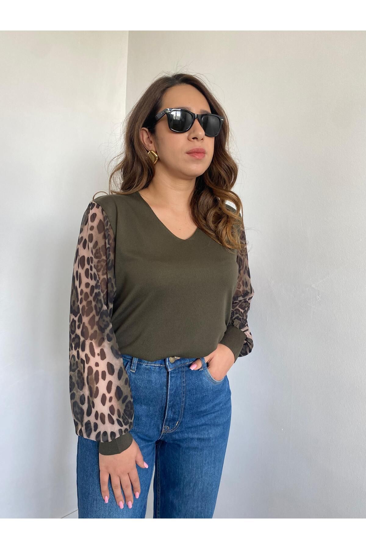 Gizybutik Leopar Kol Detay Triko Bluz
