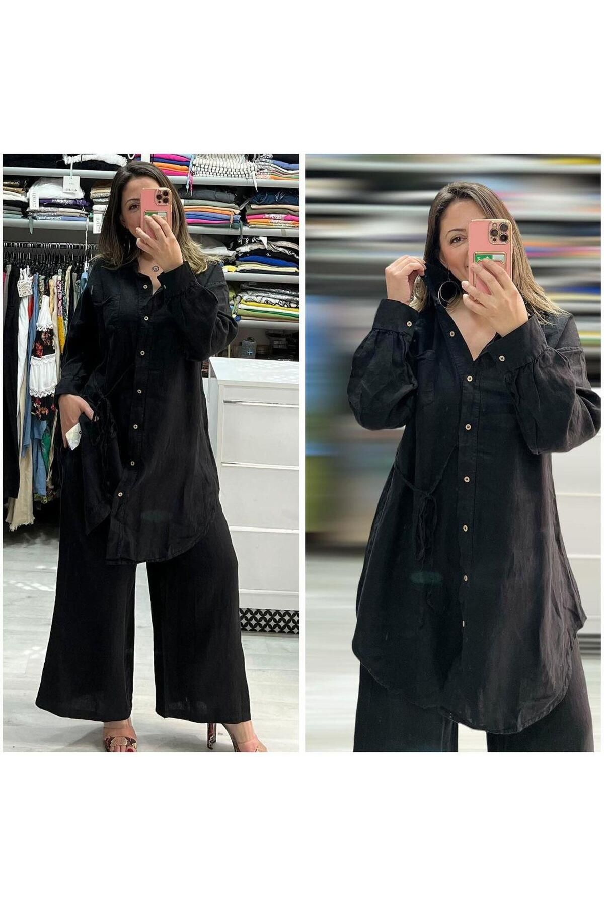 Hanımefendi Butik İtalyan Keten Tunik Takım - SİYAH