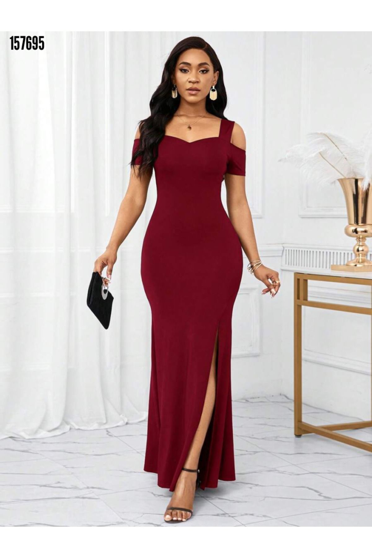 BZ Boutique Askılı Yırtmaçlı Büyük Beden Uzun Krep Elbise 157696