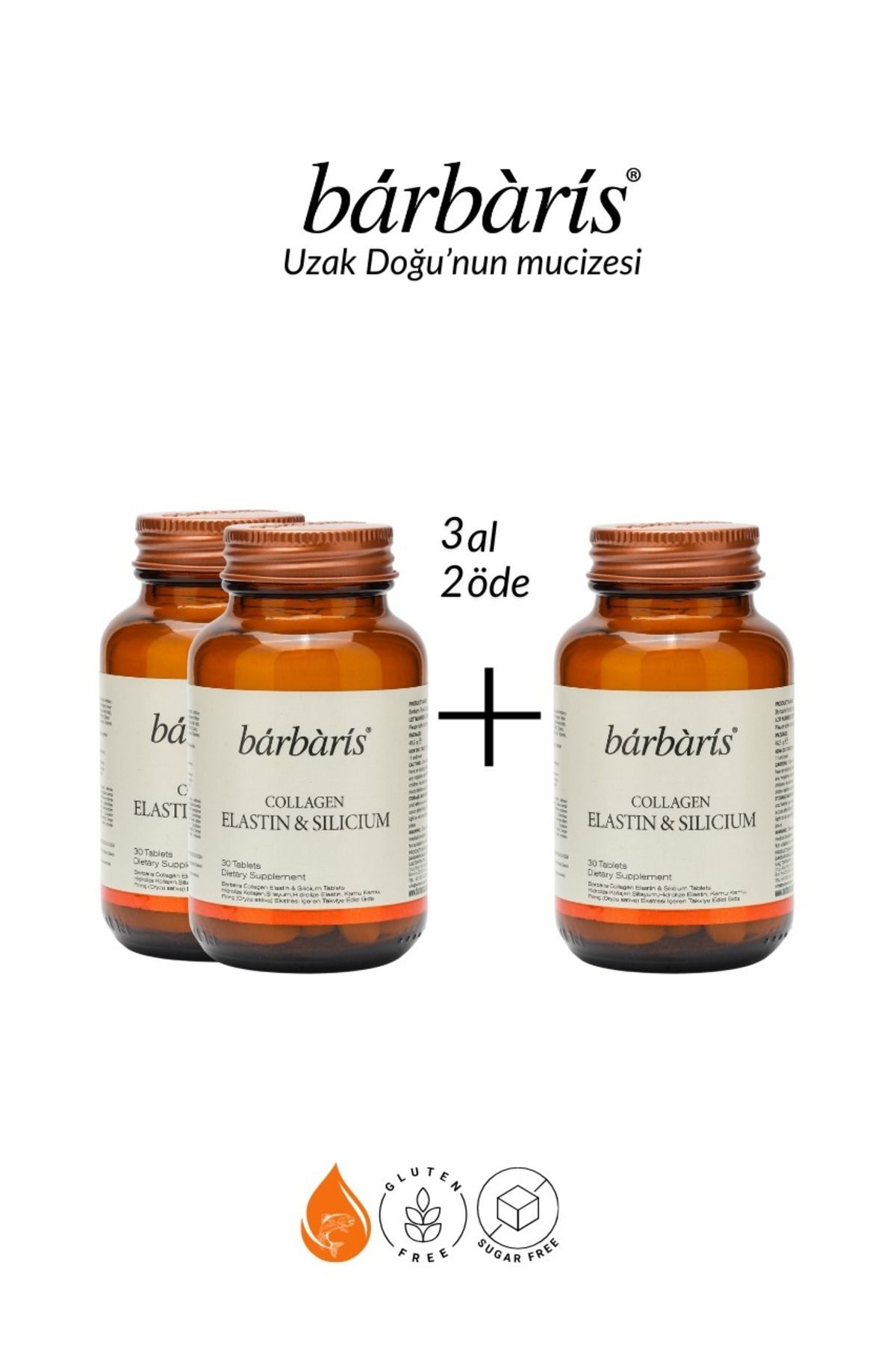 Barbaris Elastın & Sılıcıum 90 Tablets-3 Paket Tip 1-3 Balık Kolajeni Cilt Saç Tırnak