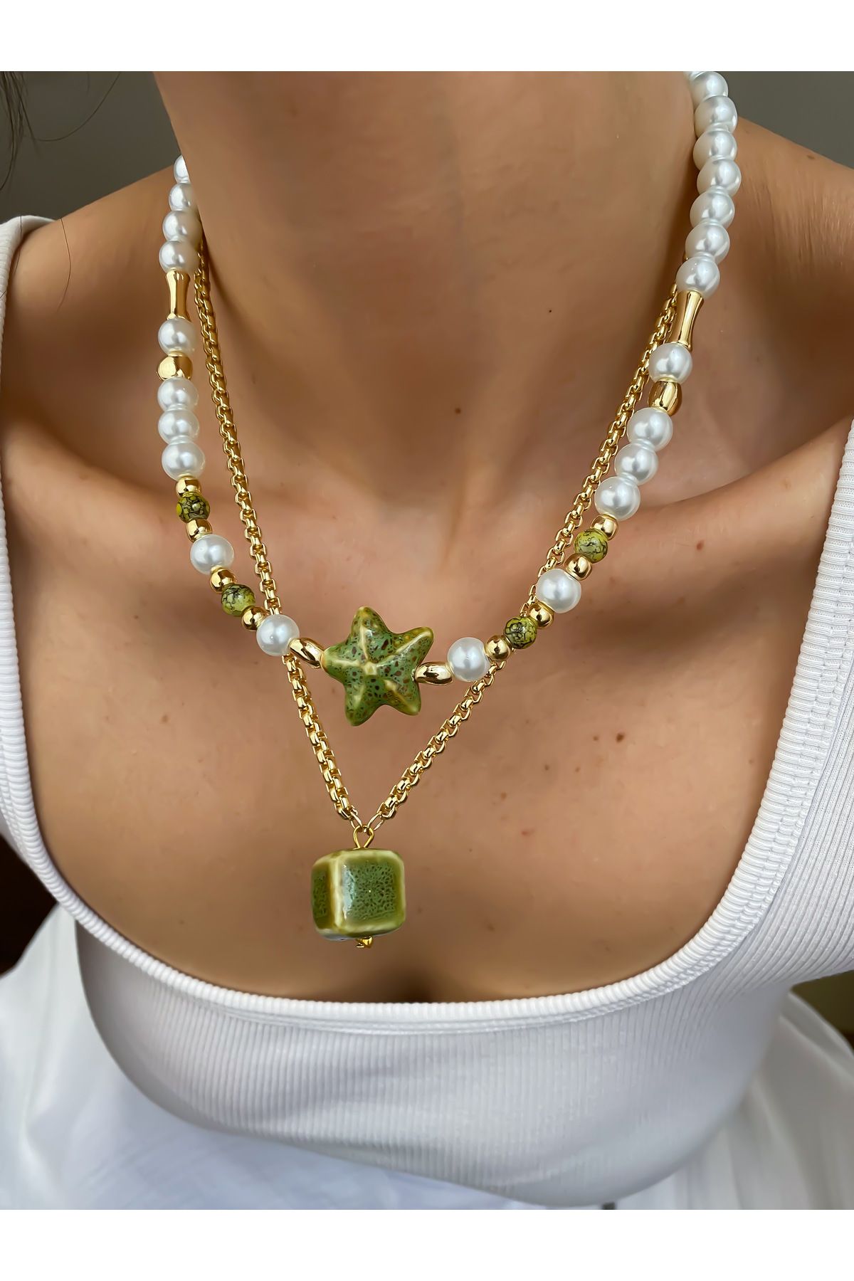 Lucky Designs Gold Yazlık Renkli Seramik Figür Detay Üçlü Set Kolye/ Kadın Çoklu Set Kolye