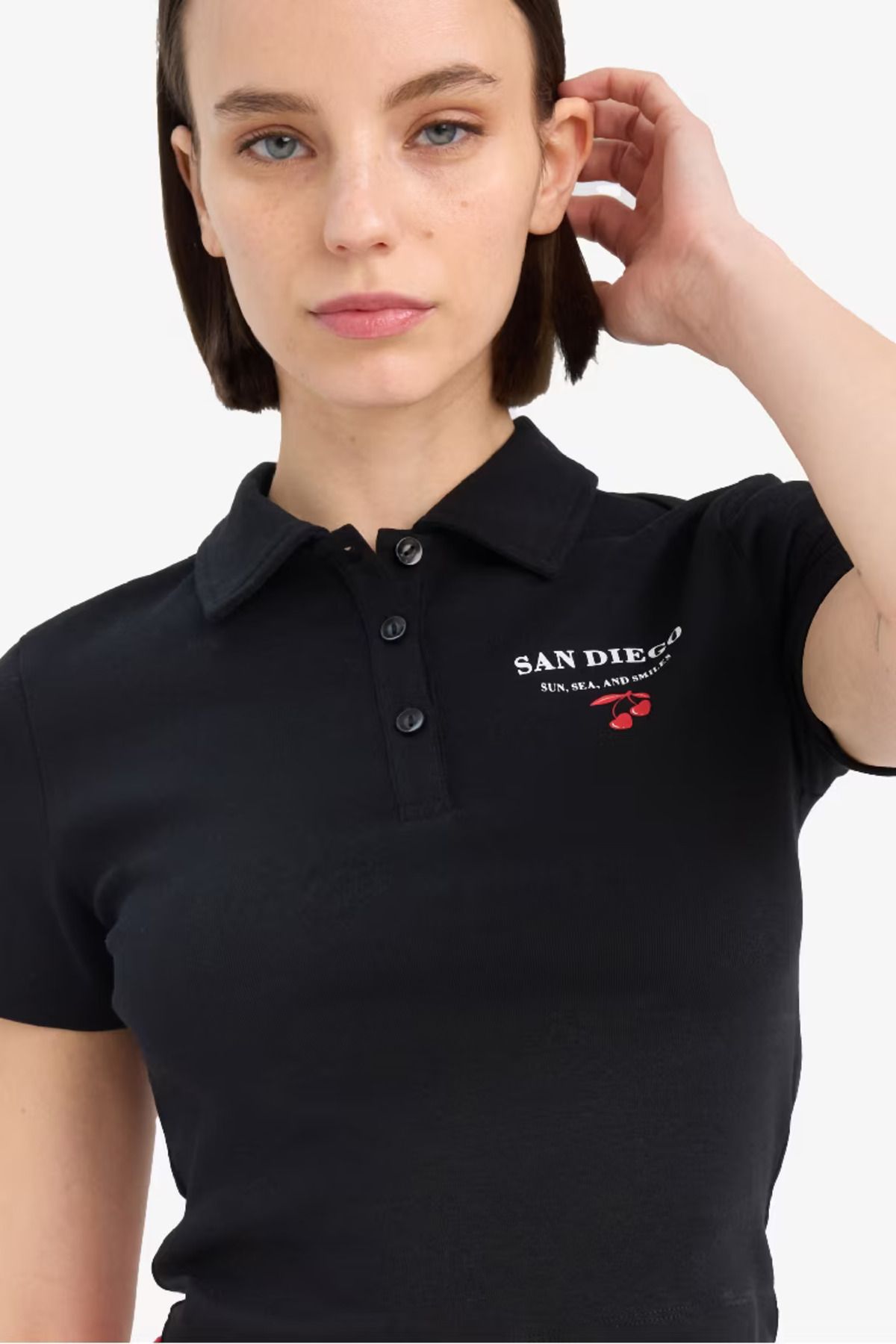 DeFacto Coool Fitted Baskılı Ribana Kısa Kollu Polo Beyaz Tişört