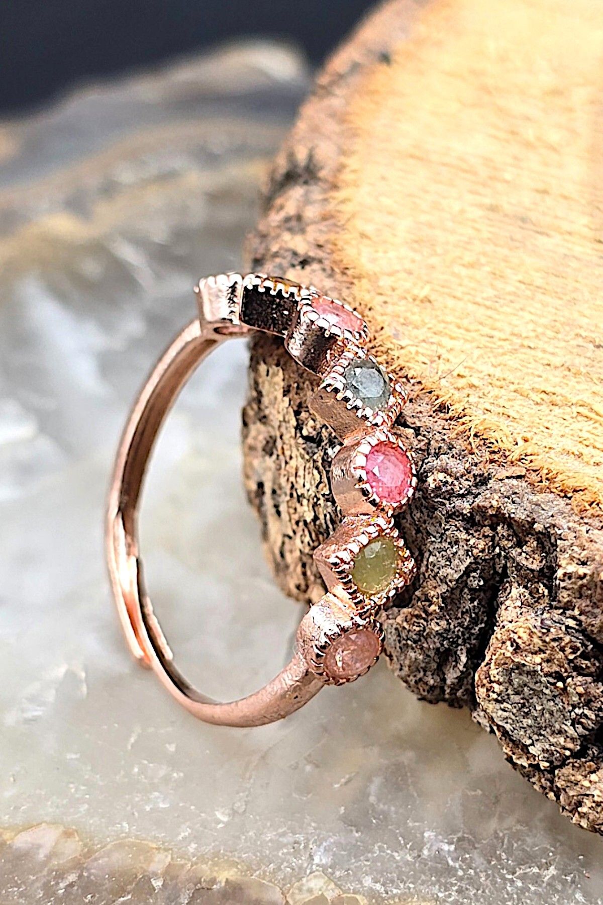 NBS Beautiful Naturel Stones Bakır Yüzük Turmalin Taşlı Ayarlanabilir Trend Tasarım
