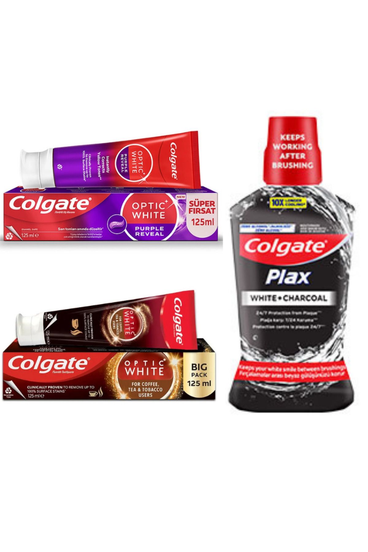 Colgate PURPLE, ÇAY,KAHVE VE TÜTÜN, PLAX BEYAZLIK+AKTİF KÖMÜR, ÜÇLÜ PAKET