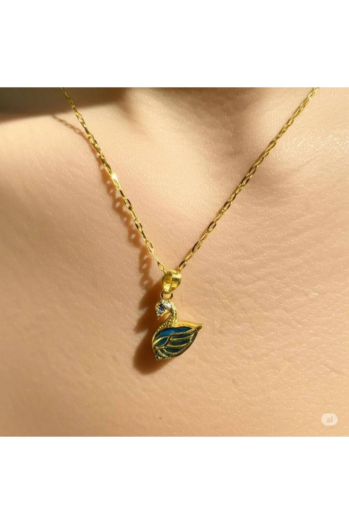 LAVİNYAMJEWELLERY Zirkon Taşlı Kuğu Kolye – Mavi Kanatlı, Altın Renk – Paslanmaz Çelik