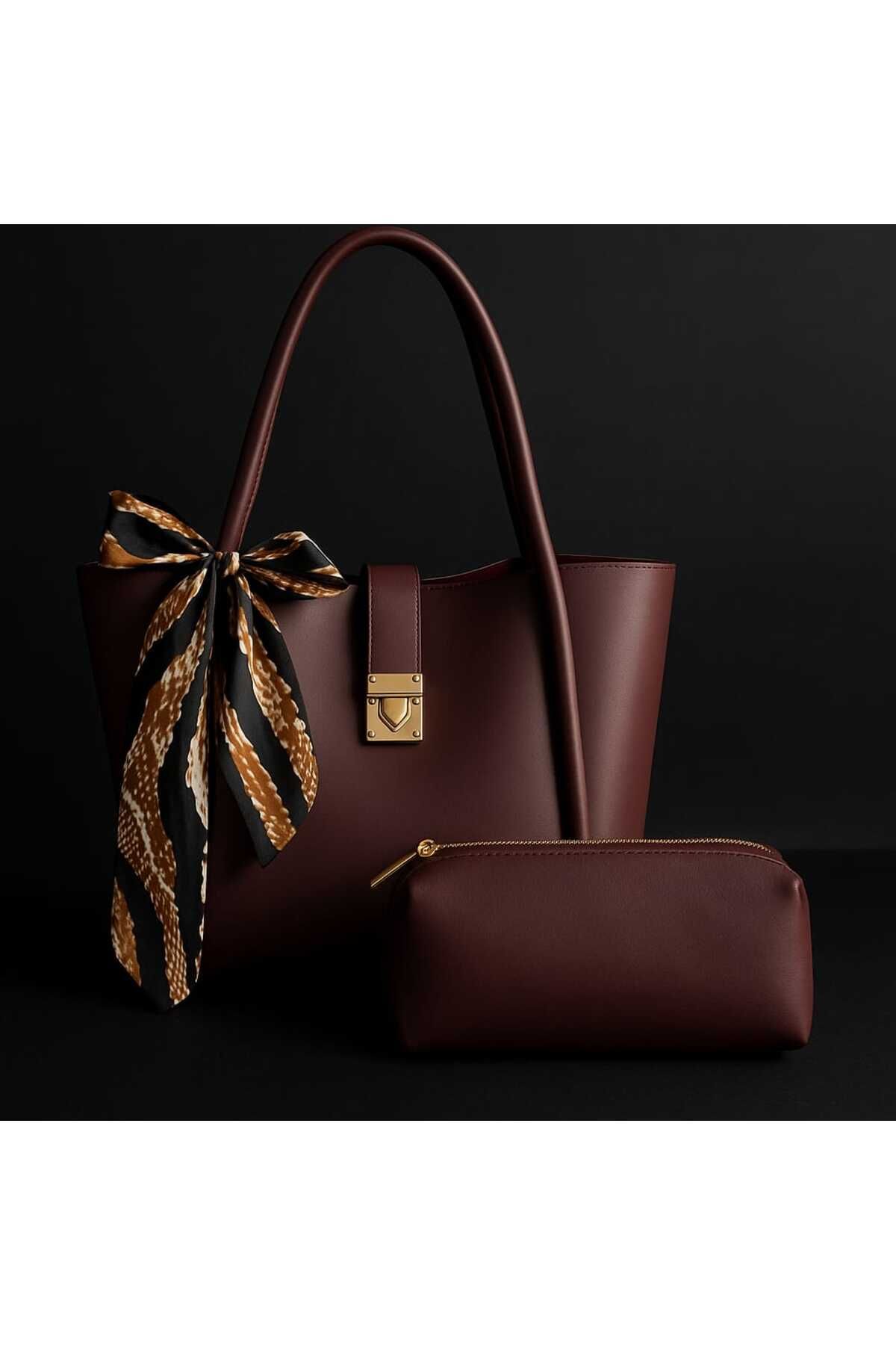 ROYAL LADYS Büyük Boy Çanta Gold Detaylı + Hediye Fular