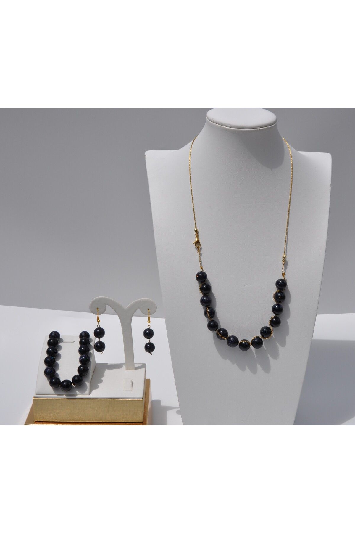 Nilfu Atelier MAVİ YILDIZ TAŞI DOĞAL TAŞ KOLYE BİLEKLİK KÜPE TAKI SETİ