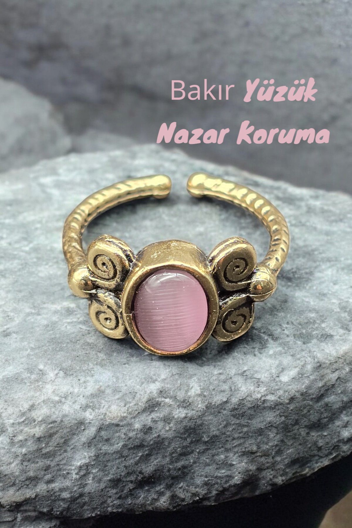 NBS Beautiful Naturel Stones Bakır Yüzük Pembe Kedi Göz Ayarlanabilir Trend Tasarım