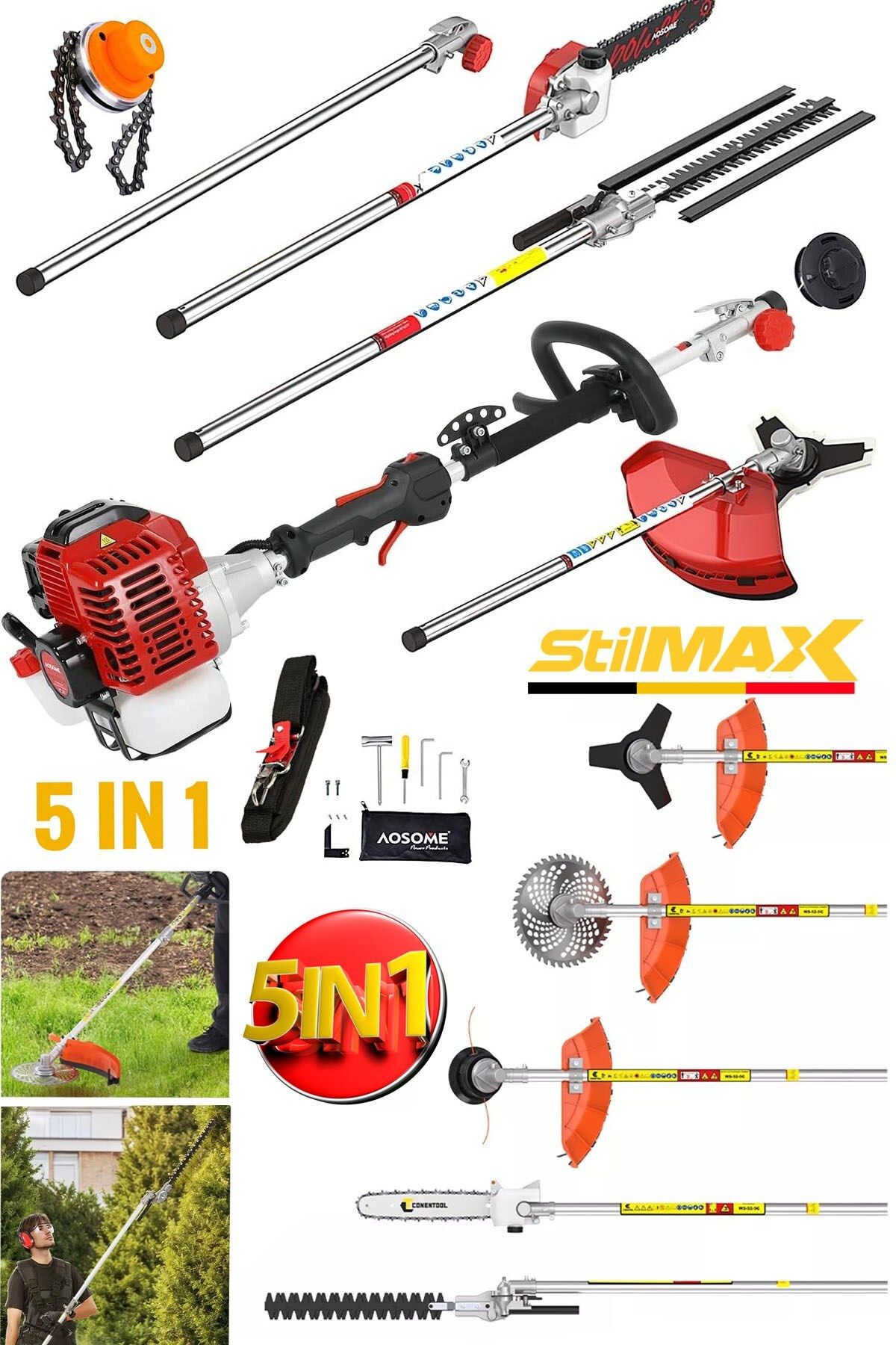stilmax Çok Fonksiyonlu 5IN1 Bahçe Tırpan Seti Güçlü Super 20HPX Motorlu, Benzinli Budama Çit Biçme Testere