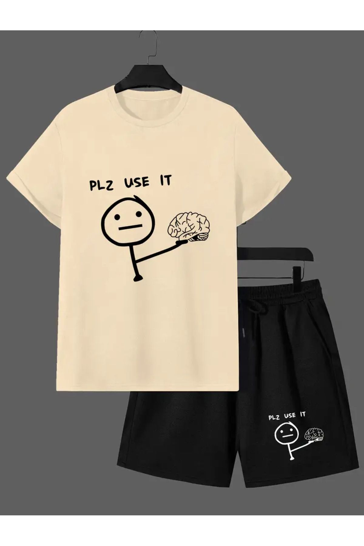 ALİKA Erkek Plz Use It Baskılı Alt Üst Takım Siyah Şort Bej T-Shirt Günlük Alt Üst Takım