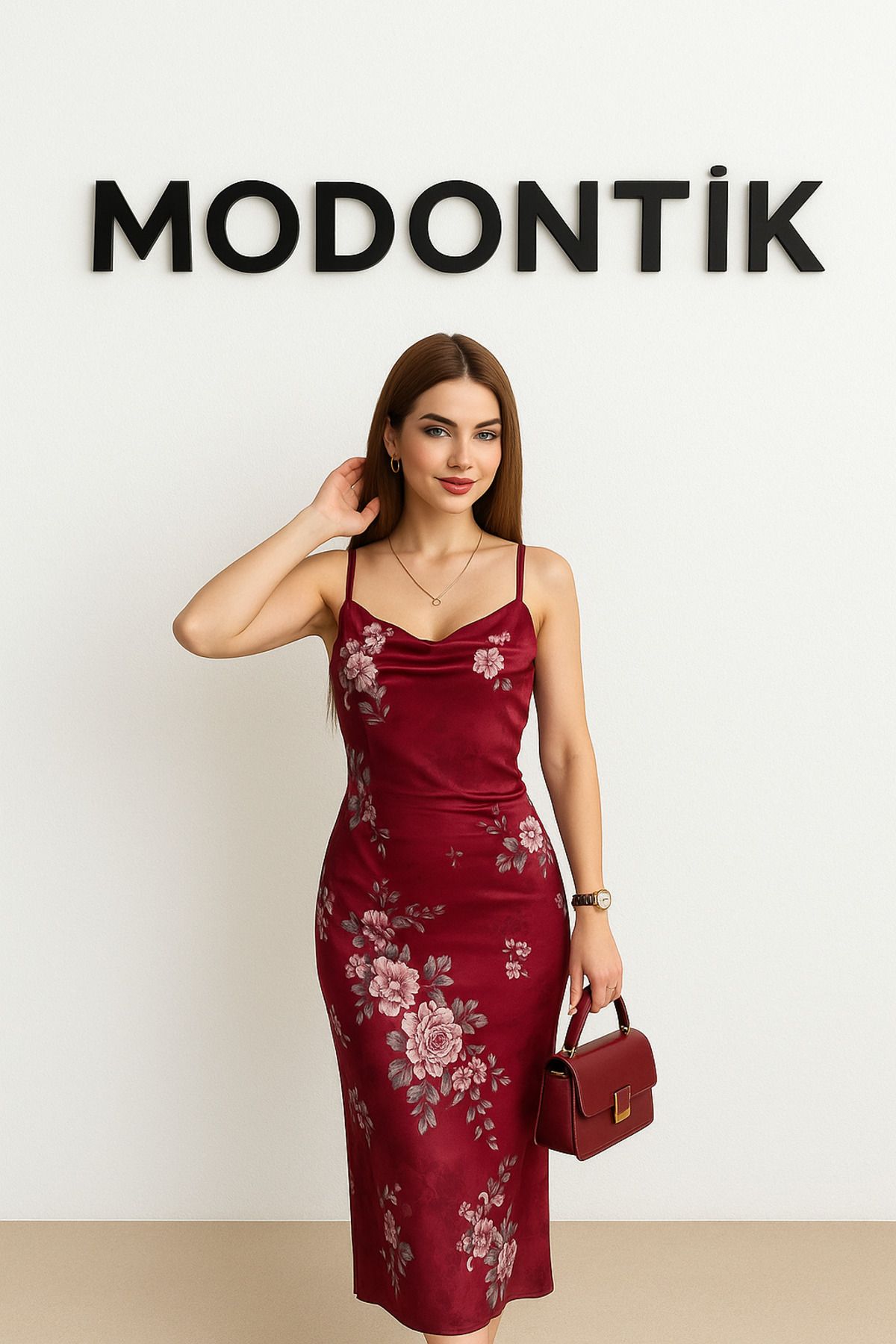 Modontik KADIN ÇİÇEK DESEN İP ASKILI YARIM YIRTMAÇ ASTARLI TÜL ELBİSE
