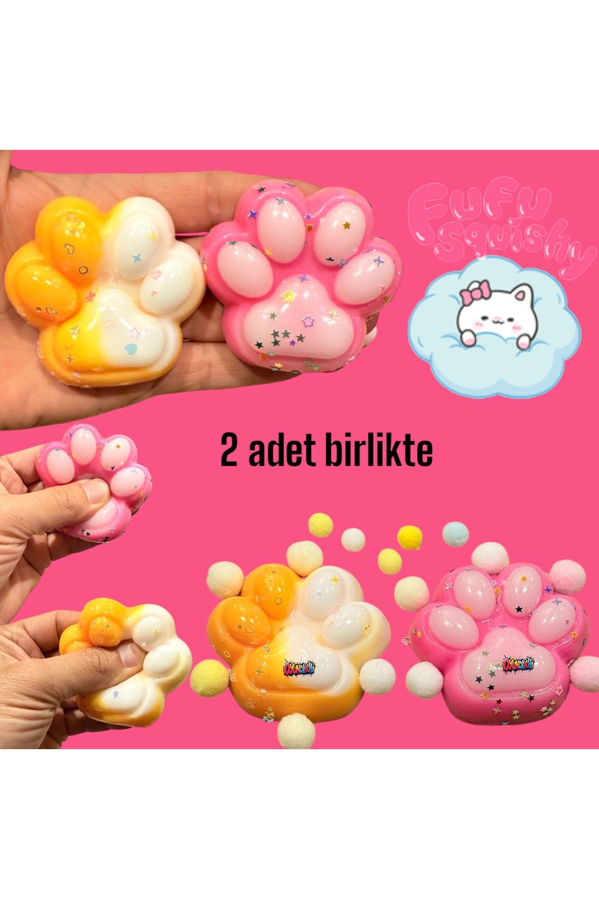 tmtoysandmore Fu Fu Squishy Kedi Patisi 2 Adet Birden Sukuşi Pullu Stres Oyuncak Pembe Ve Turuncu Pati