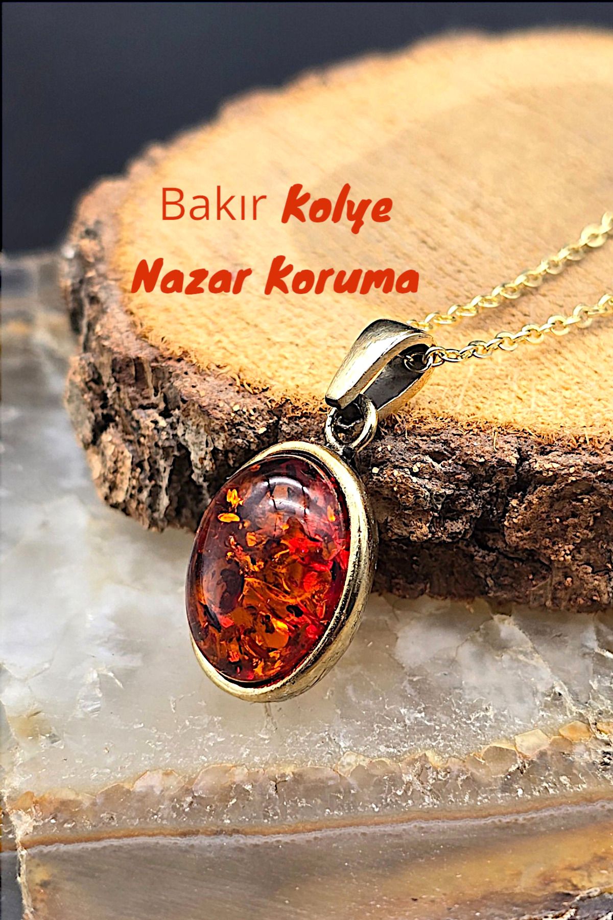 NBS Beautiful Naturel Stones Bakır Kehribar Taşlı Kolye Trend Saf Bakır ( Kaplama Zincir ) ( Hediyelik , Günlük , Özel Günler )