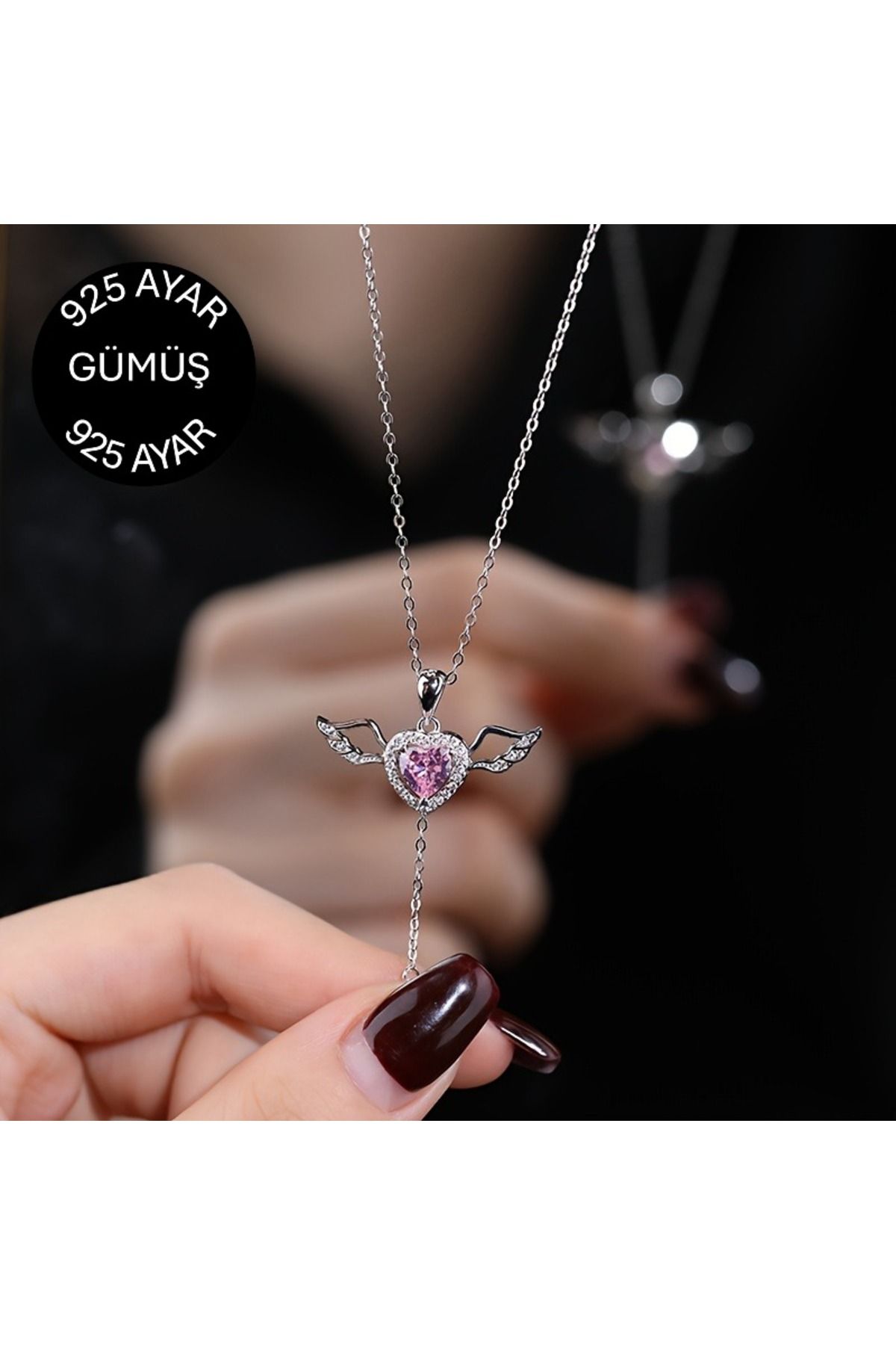 HERA SİLVER 925 Ayar Gümüş Aşk Kanatları Hareket Edebilen Pembe Kalpli Sevgiliye Hediye Şık Gümüş Kolye