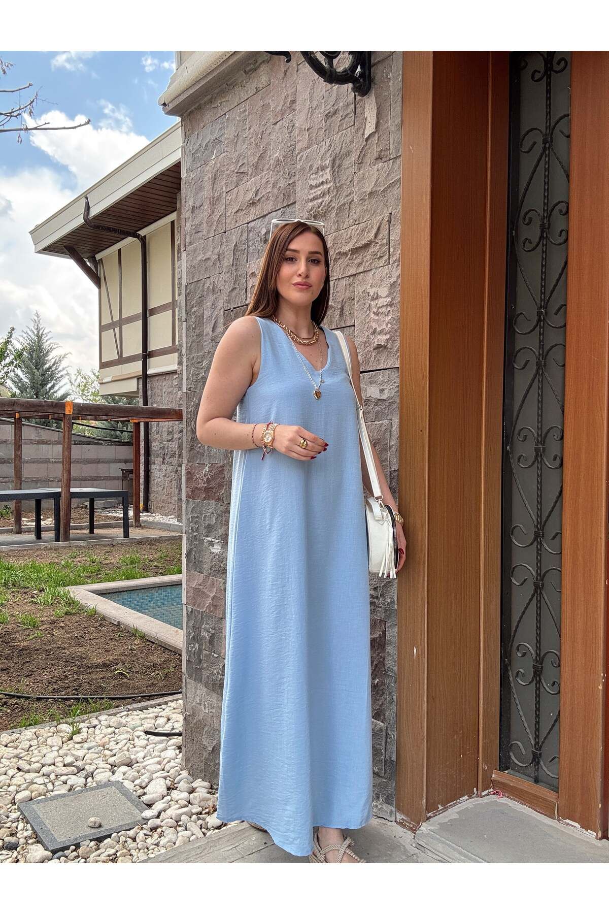 TubaEKEN Kalın askılı keten elbise BEBE MAVİ