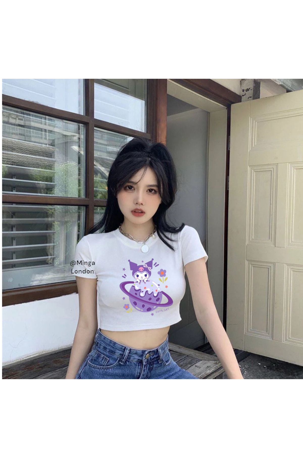 Minga London Beyaz Kuromi Purple Planet Crop Bluz- Ghostella