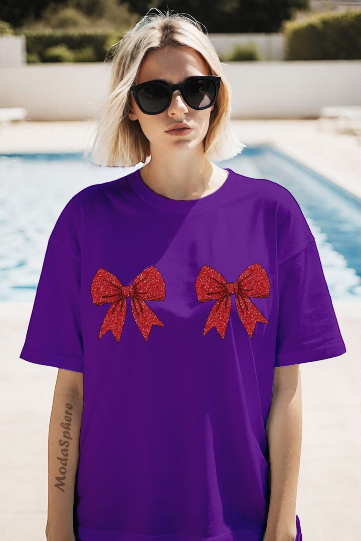 ModaSphere Christmas Yıllbaşı Glittering Bow Baskılı Unisex Oversize Tişört