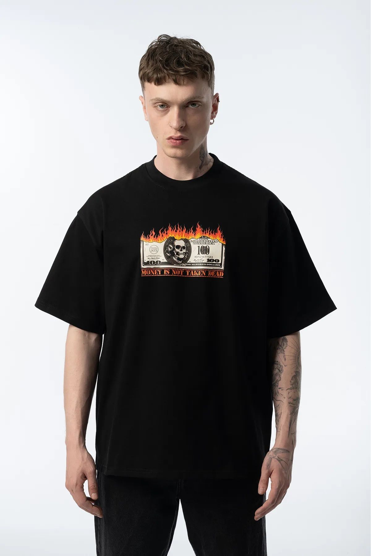 İnazuma Outdoors İnazuma Unisex Oversize Baskılı Pamuklu Bisiklet Yaka Kısa Kollu SİYAH T-shirt