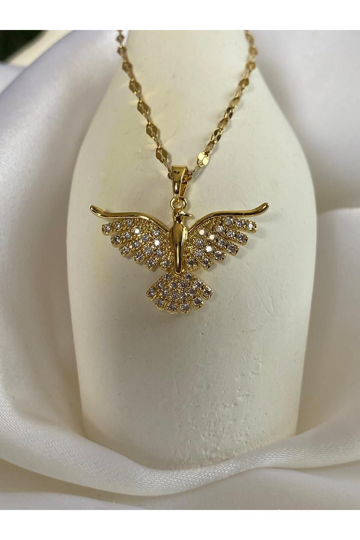 KANERUZ Gold Renk Zirkon Taşlı Çelik Anka Kuşu Kolye