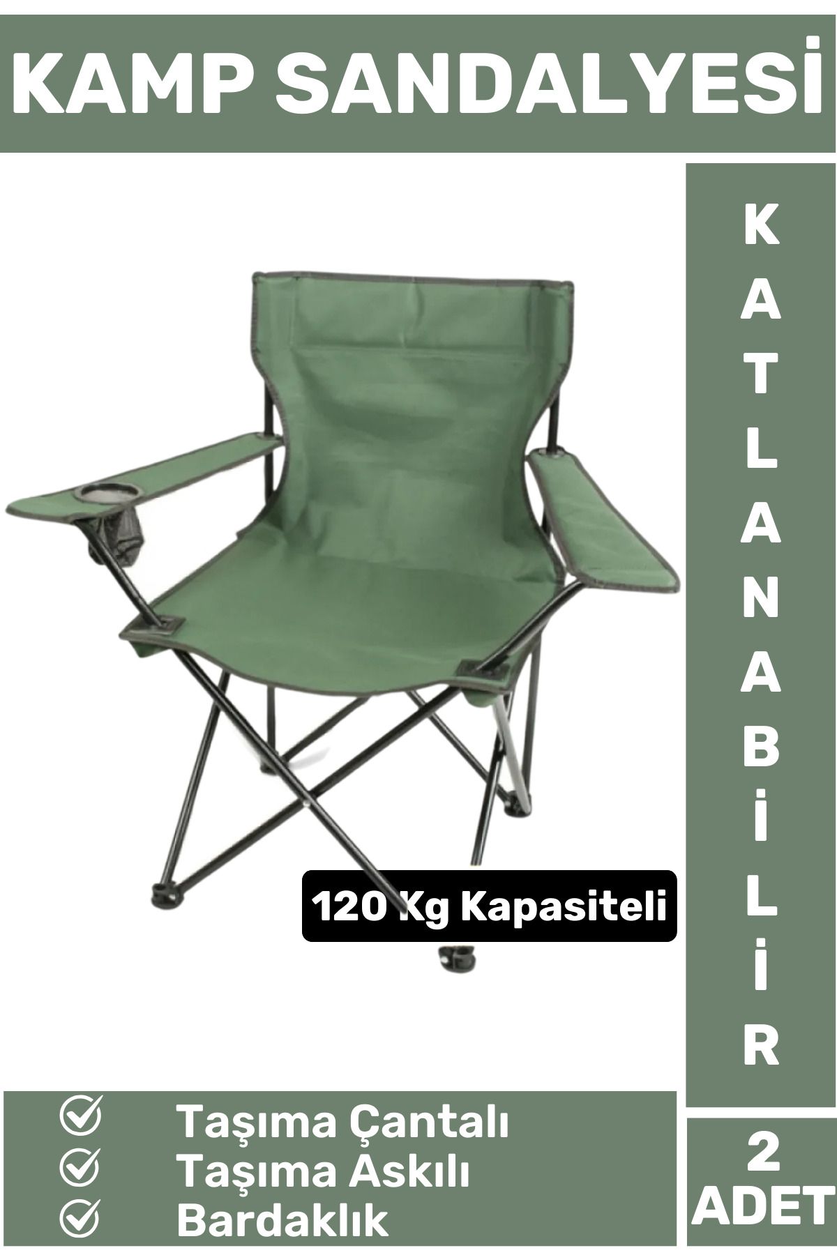Wintoup Premium 120 Kg Dayanıklı Çantalı Taşıma Askılı Bardaklık Balık Piknik Sahil Kamp Sandalyesi 2 Adet