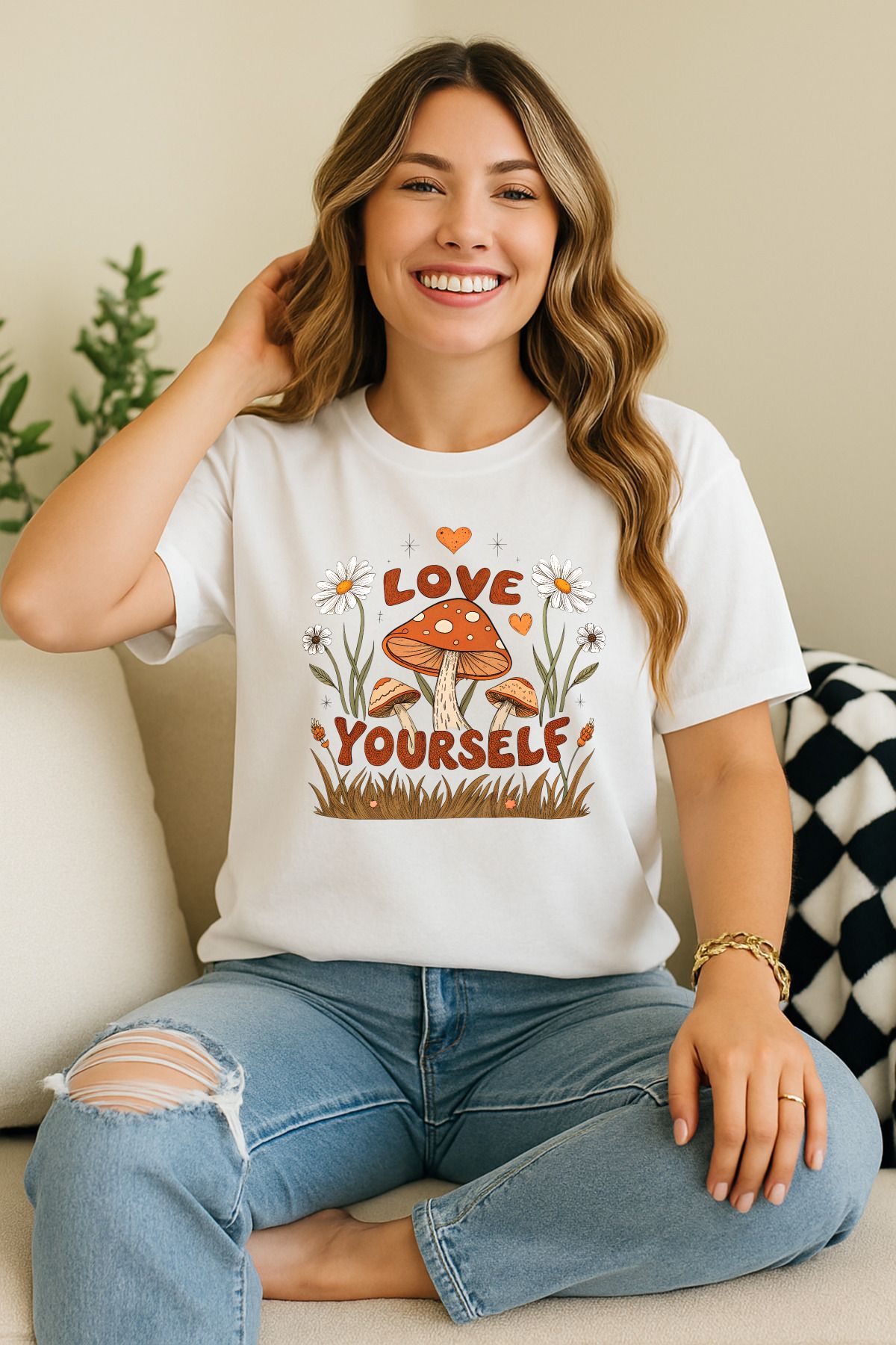 ArtWearDesign Kadın Beyaz Oversize Love Yourself Baskılı %100 Pamuk Bisiklet Yaka Kısa Kol Süprem T-Shirt