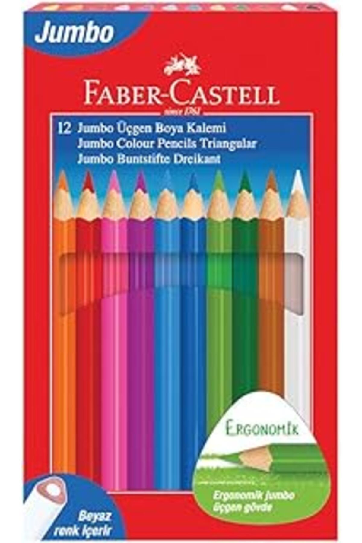 Mu Art Faber-Castell Boya Kalemi 12 Renk Jumbo Üçgen (Beyaz Renk Içerir)