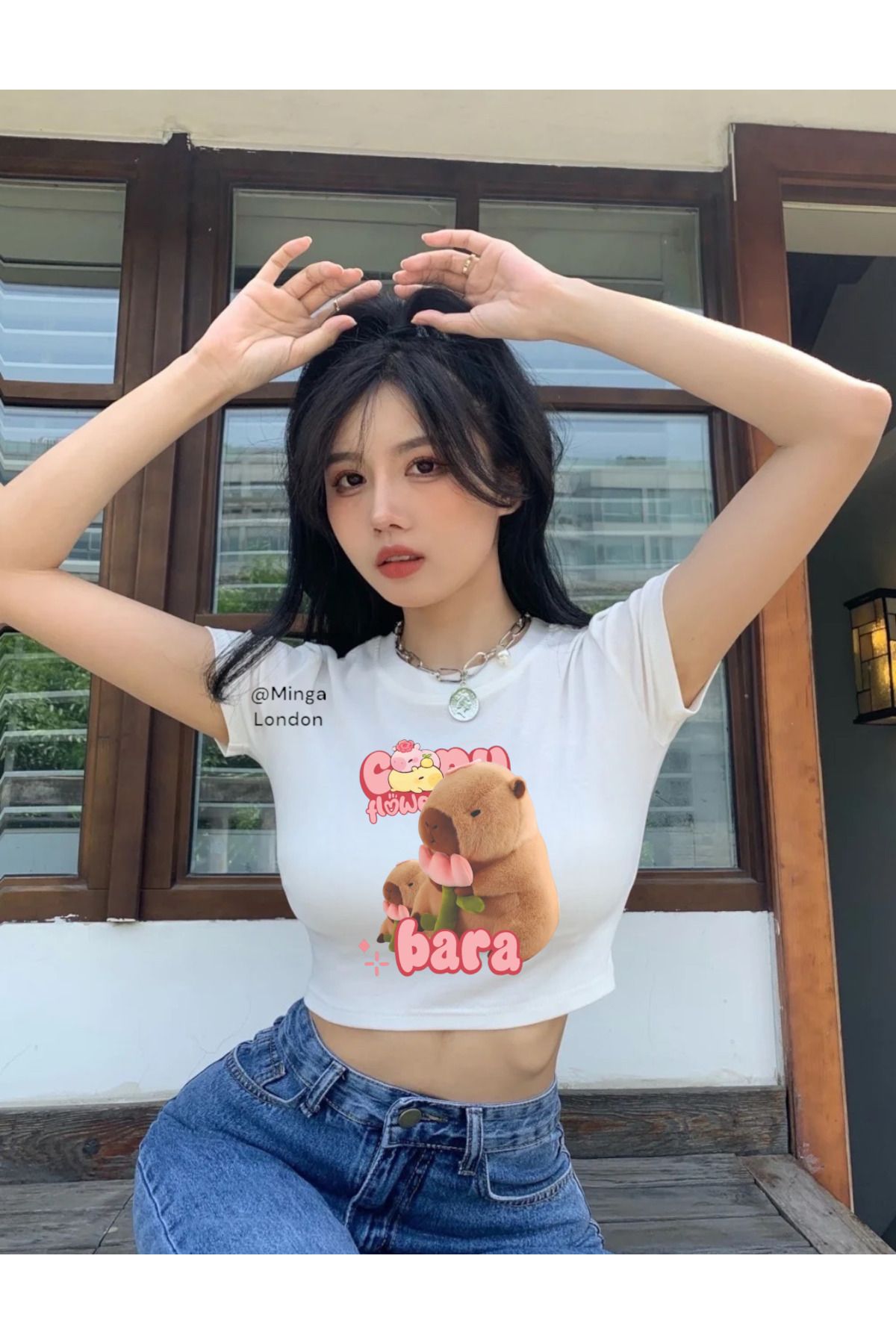 Minga London Beyaz Cute Pink Capybara Written Crop Bluz- Ghostella