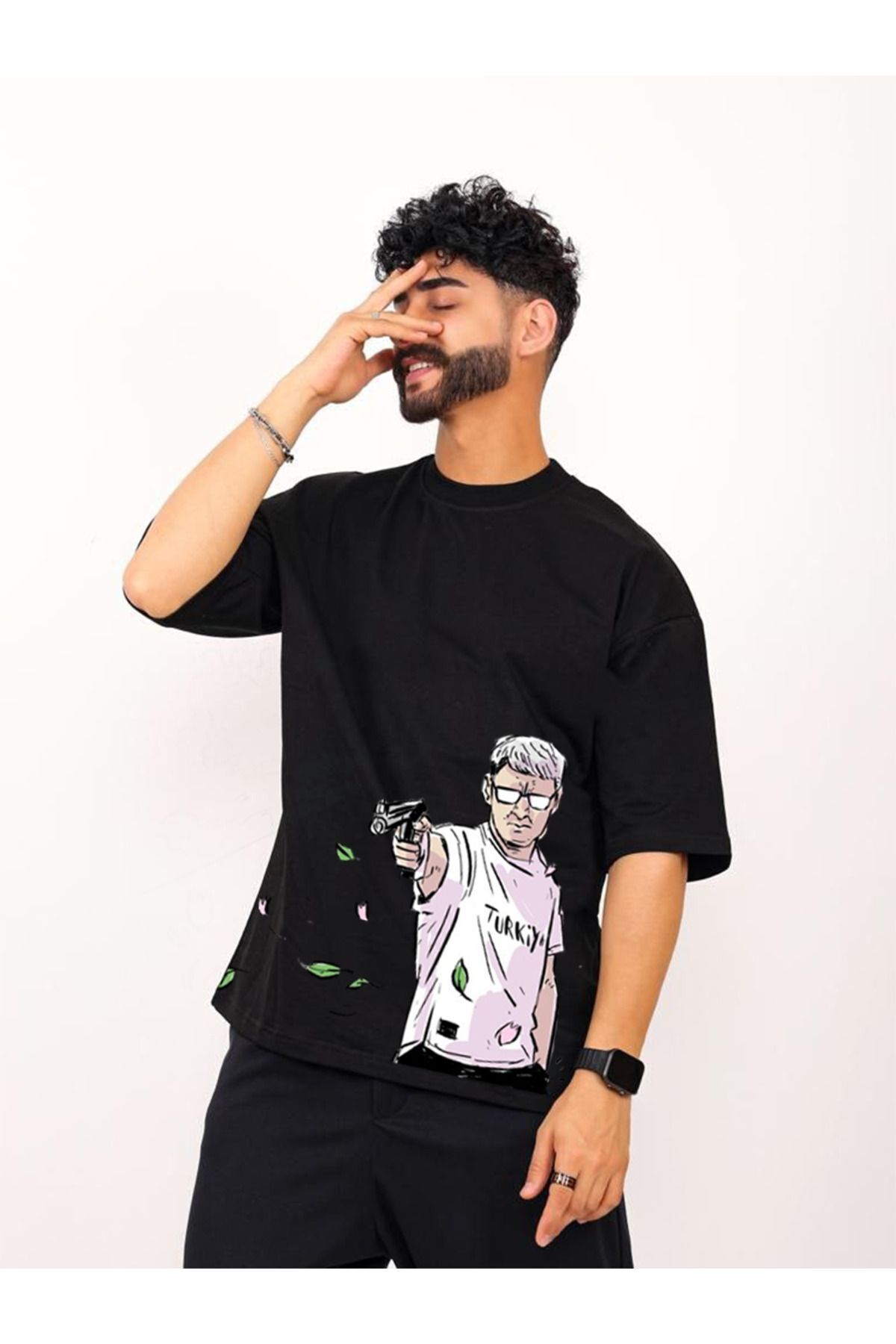 ELNOYA Unisex Oversize - Duck Hunt Baskılı Beyaz T-Shirt - Trendy Hip Hop Stil