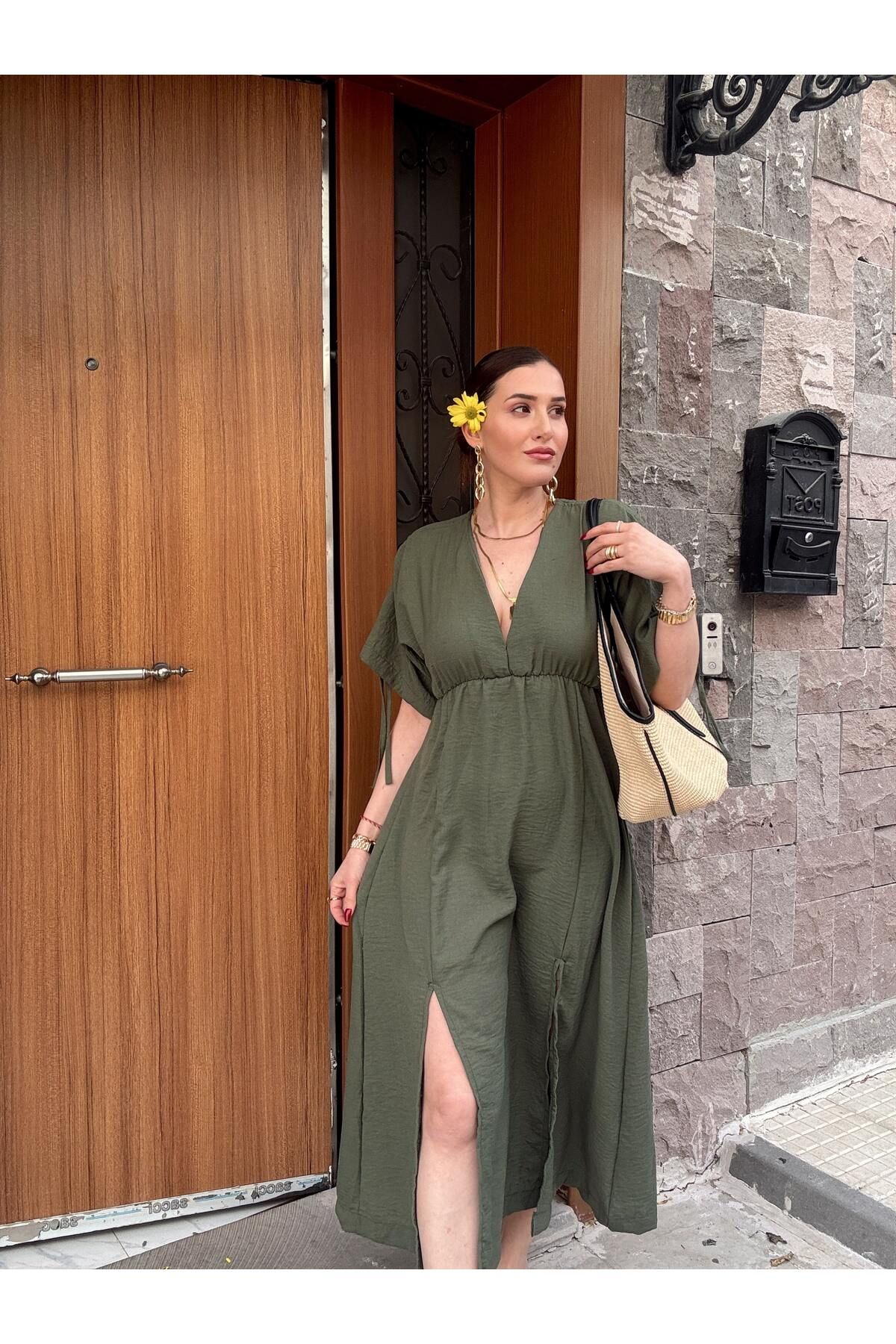 TubaEKEN Ön arka v yaka keten elbise HAKİ