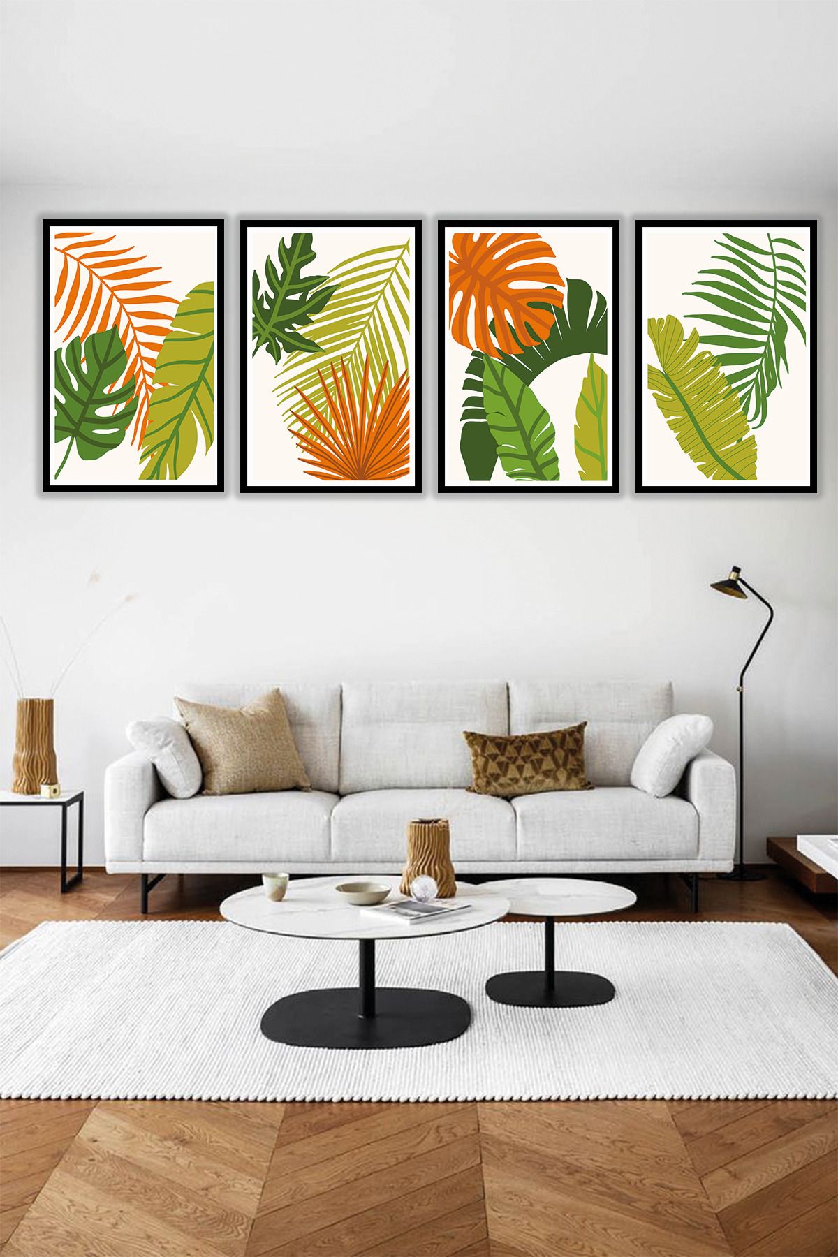 dekor artı Modern Boho Yapraklı Dekoratif Salon Tablosu Çerçeve Görünümlü 4 Parça Ahşap MDF Üzeri UV Baskı