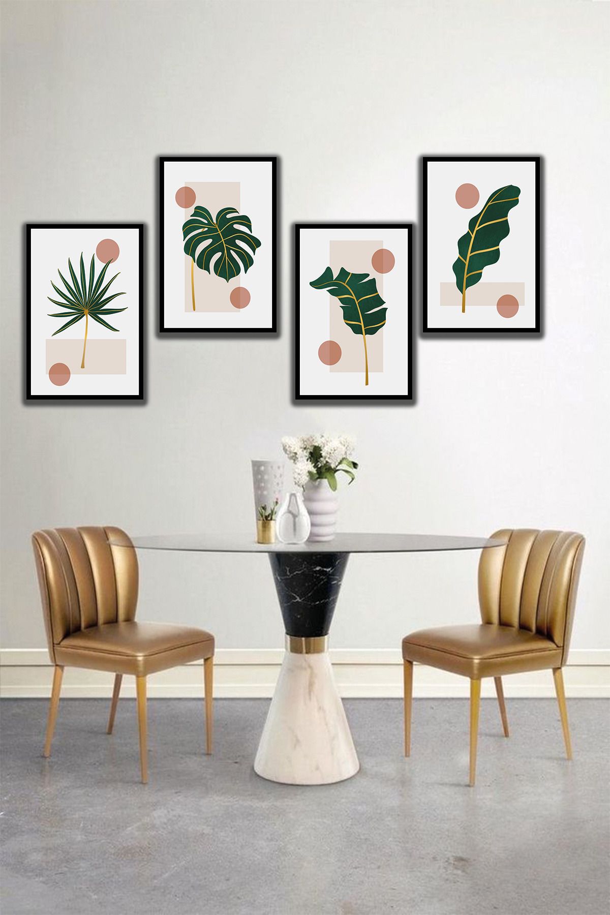dekor artı Yapraklı Çizgi Sanatı Dekoratif Tablo Altın Desenli Çerçeve Görünümlü 4 Parça MDF UV Baskı