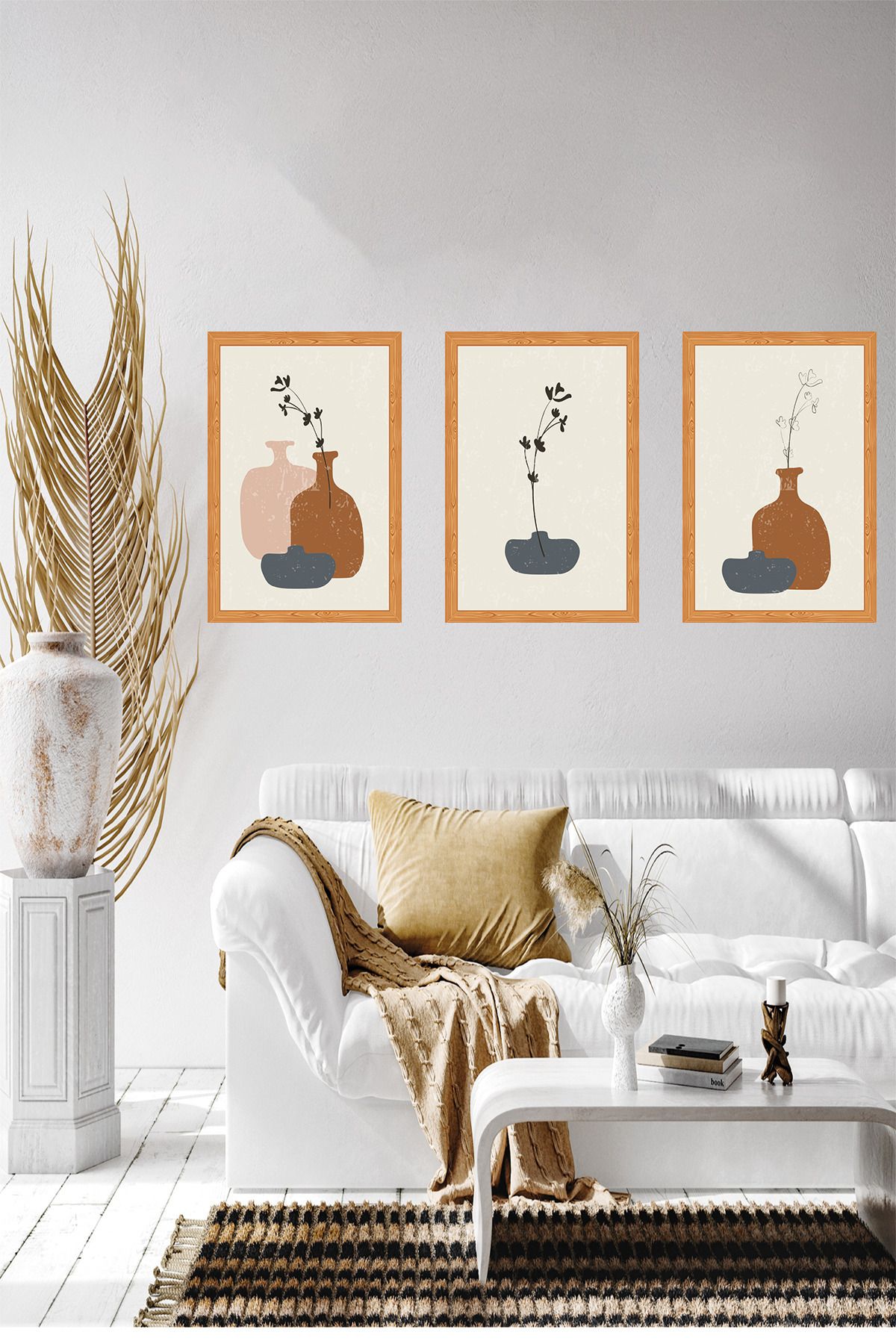 dekor artı Soyut Vazo Çizimi Minimalist Ahşap MDF Tablo Seti 3 Parça Çerçeve Görünümlü