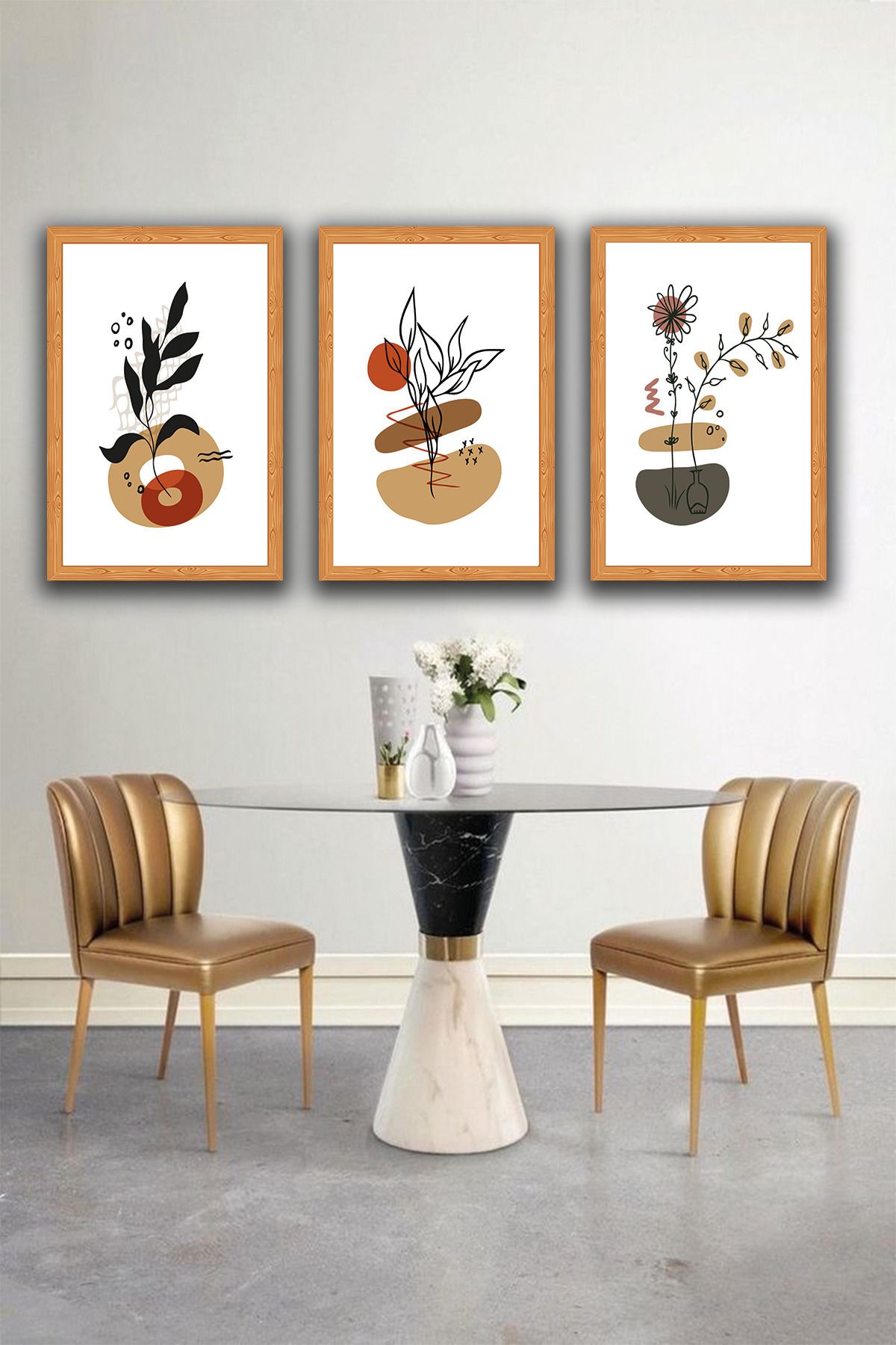 dekor artı 3 Parça Boho Tarzı Çerçeve Görünümlü Ahşap MDF Duvar Tablosu